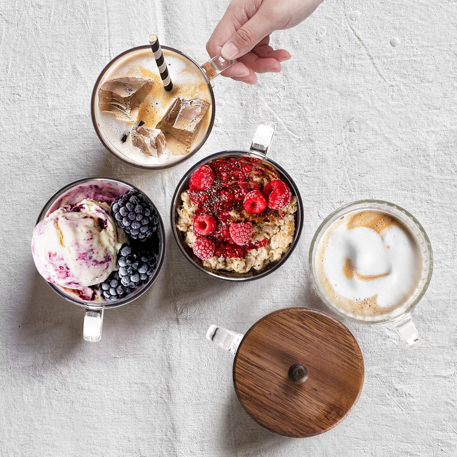 Artena Tazas de café de vidrio de 15 onzas, tazas de café, tazas de té transparentes acanaladas, vasos de café helado, bonitos accesorios de barra