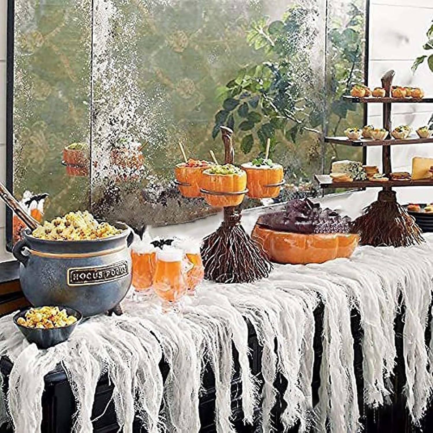 Mesa de postre de decoración de Halloween, adornos de resina para manualidades, soporte de 3 niveles, con forma de escoba, cesta creativa para