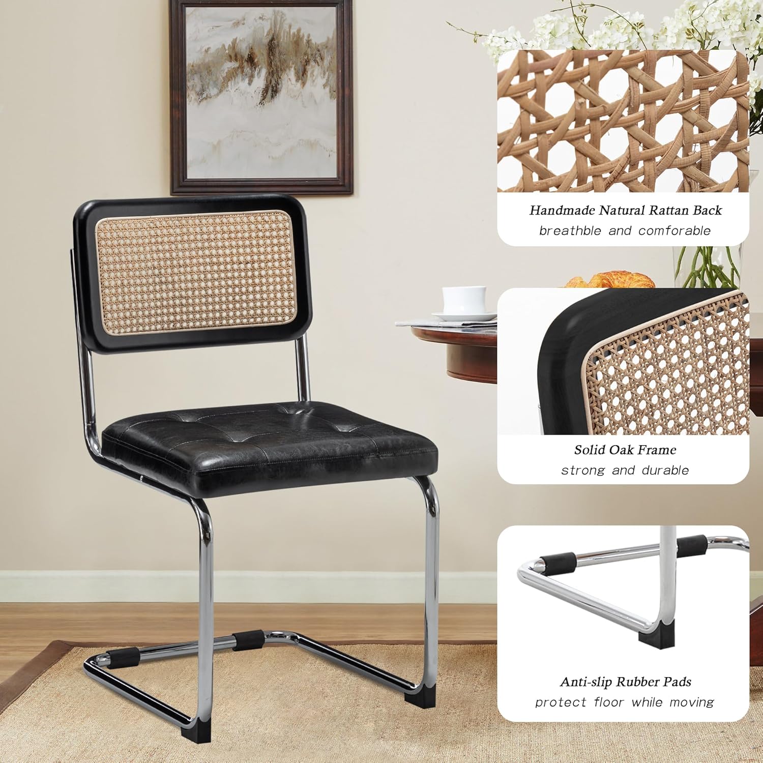 Alunaune Juego de 2 sillas de comedor modernas de mediados de siglo, silla decorativa tapizada de ratán natural, sillas laterales sin brazos con