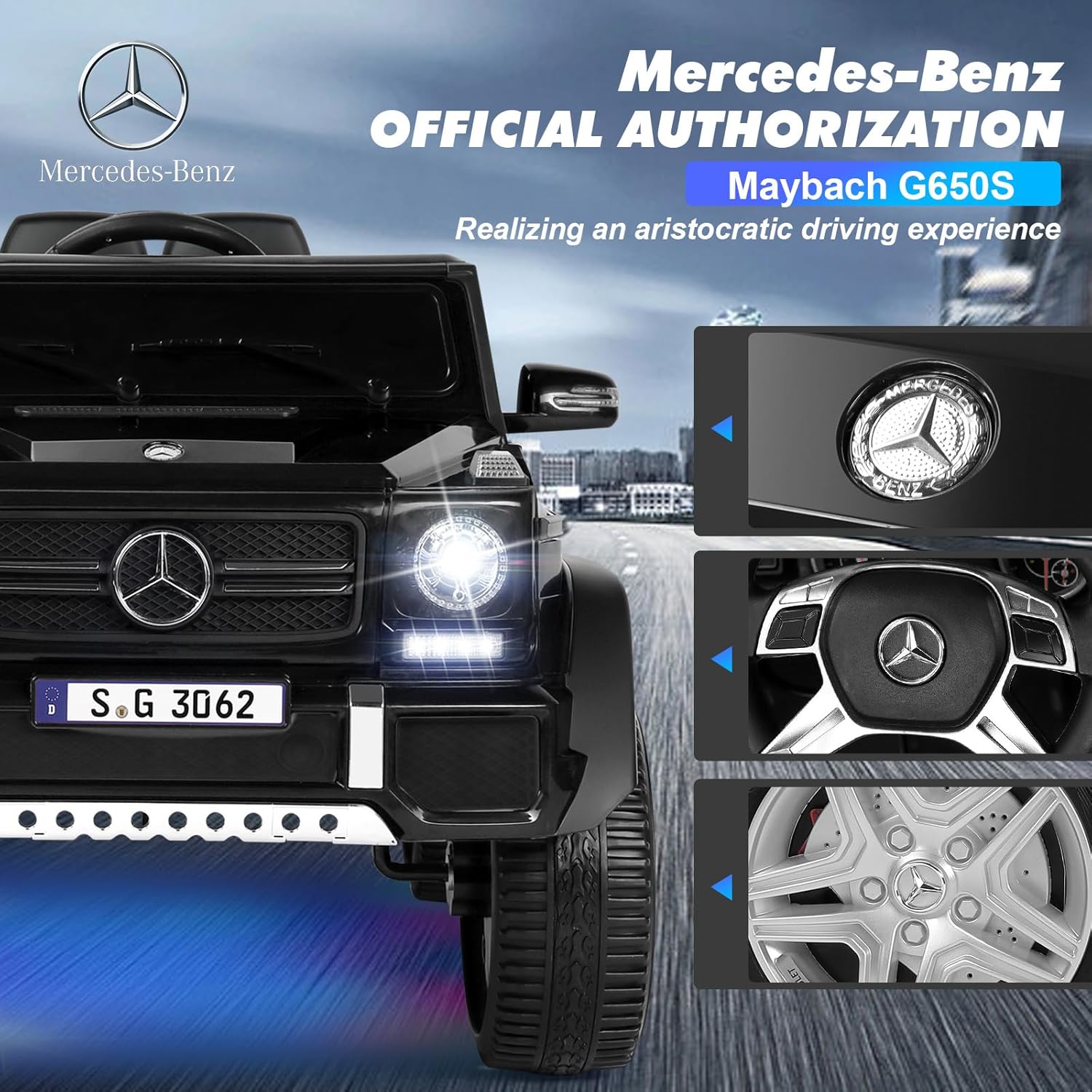 JOYLDIAS Mercedes-Benz G650S – Auto de paseo para niños, camión de paseo para niños 12V7AH con control remoto de 2.4 GHz, 3 velocidades, Bluetooth,