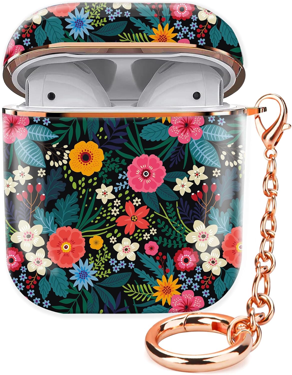 Funda para Airpod 1 y 2 de 2 generación, funda protectora a prueba de golpes con llavero de oro rosa para niñas, mujeres y hombres (flores y hojas