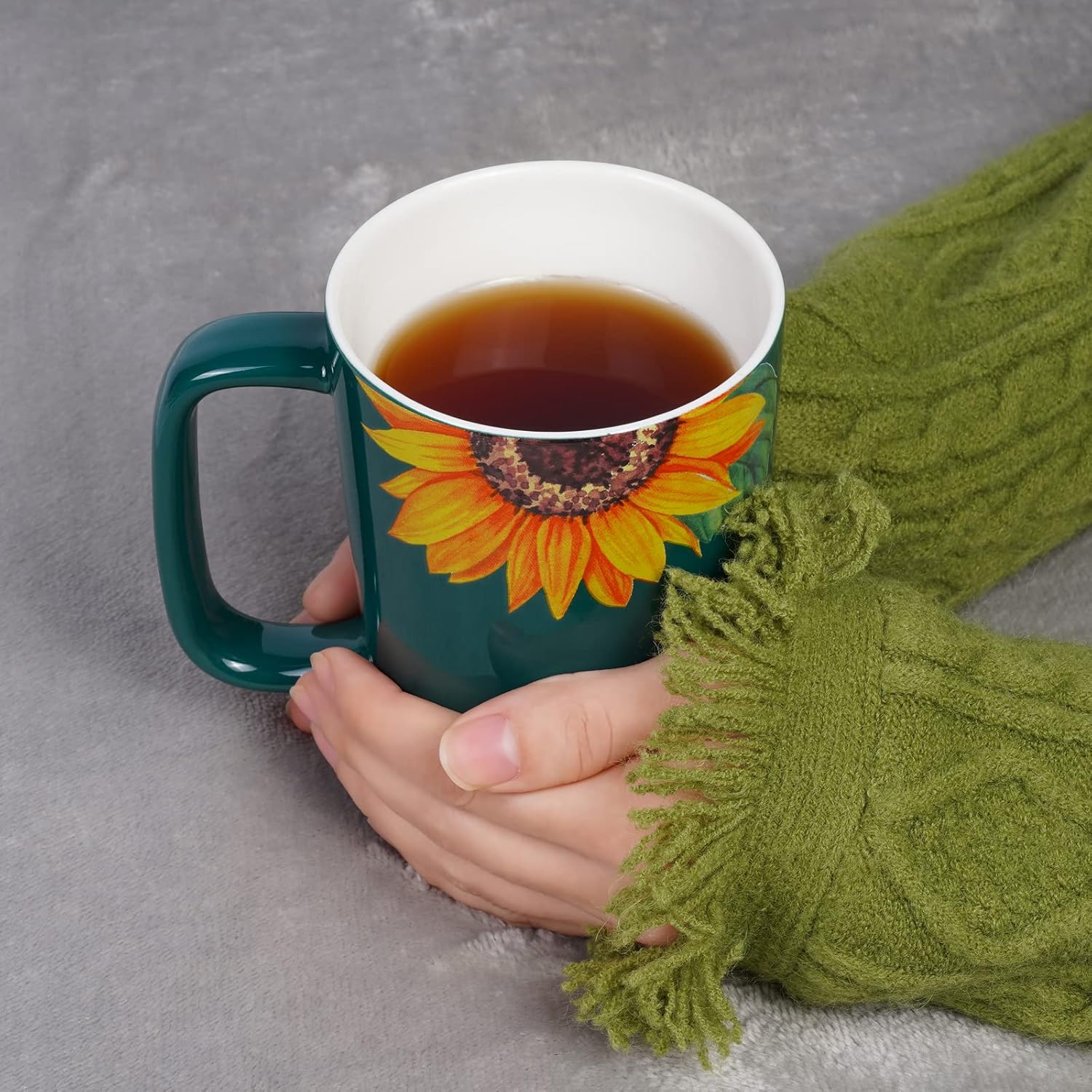 Sunddo Taza de té de cerámica con infusor y tapa para té suelto, taza de girasol, regalos para amantes del té, para mujeres, color verde