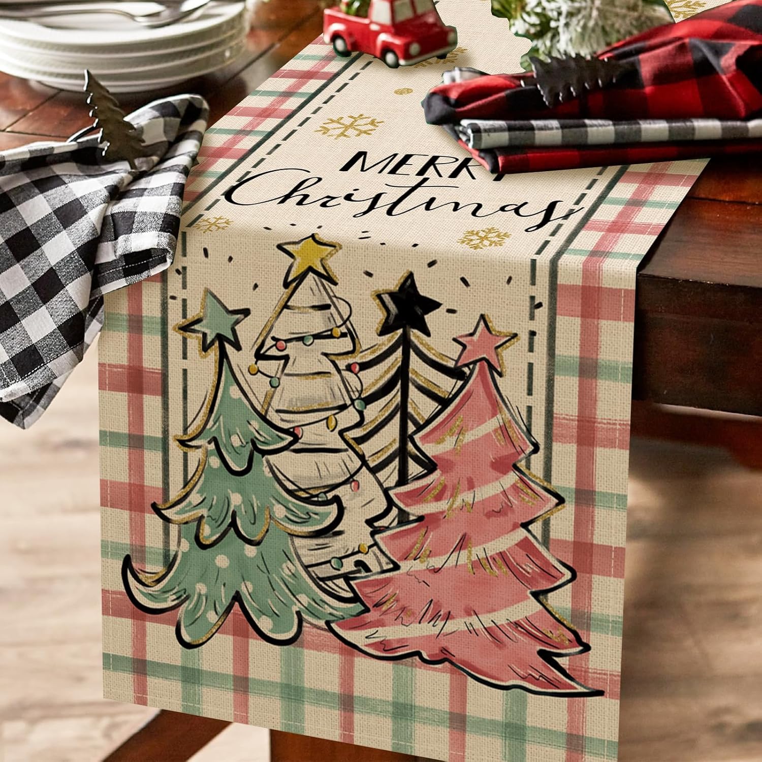 Seliem Camino de mesa de copos de nieve con árbol de pino y Navidad, diseño a cuadros rosados, decoración de mesa de comedor para cocina, decoración