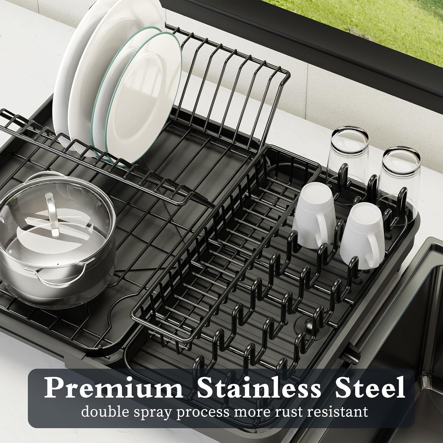YEPATER Escurridor de platos extensible, escurridor de platos grande con escurridor, soporte para tazas, organizador de cajones de cubiertos,