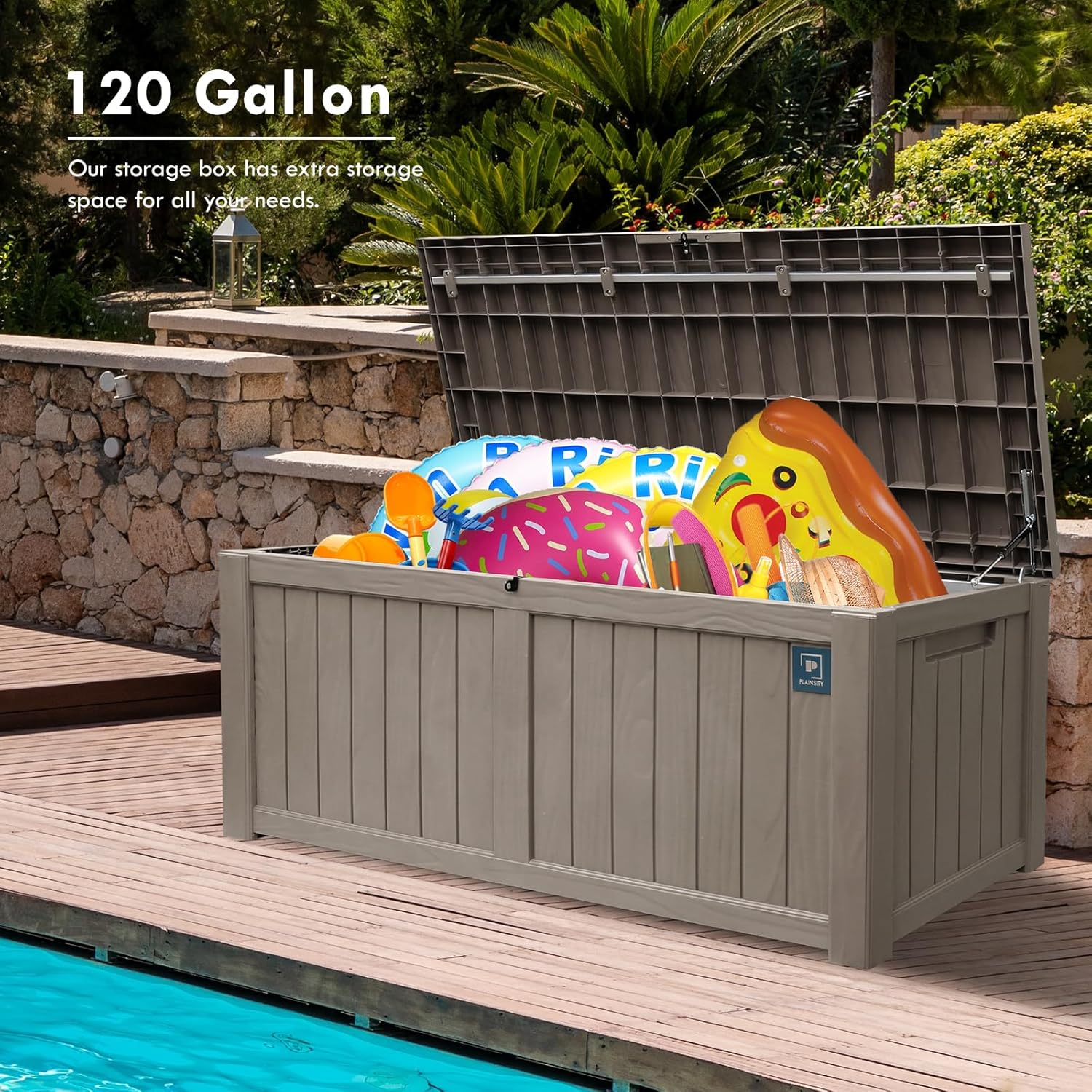 Caja grande de 120 galones, caja de almacenamiento de resina para exteriores, contenedor impermeable con cerradura para cojín de patio, muebles de