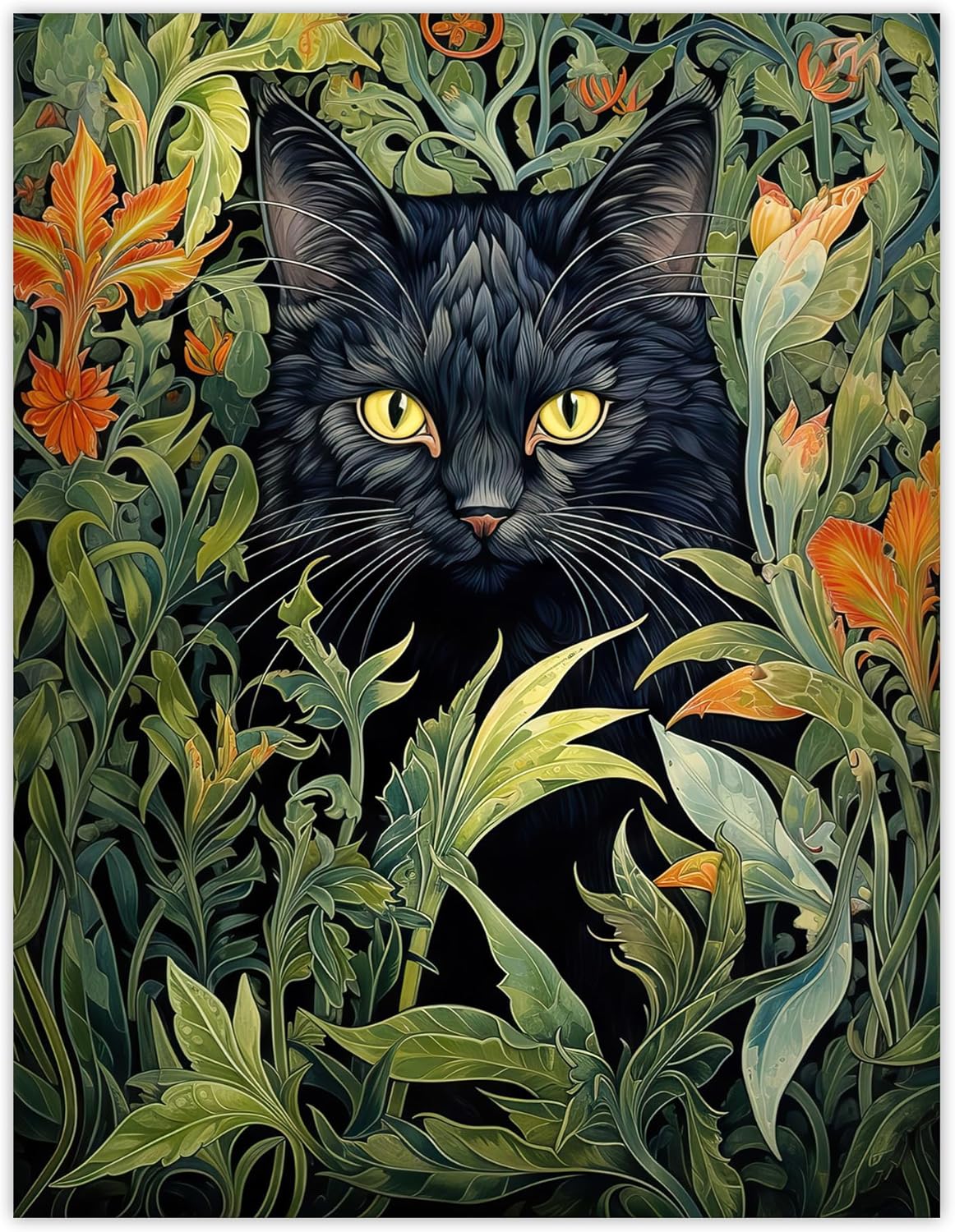 Gato negro escondido en campo de flores, pintura moderna estilo William Morris, naranja y verde, floración de primavera, retrato de animal, póster