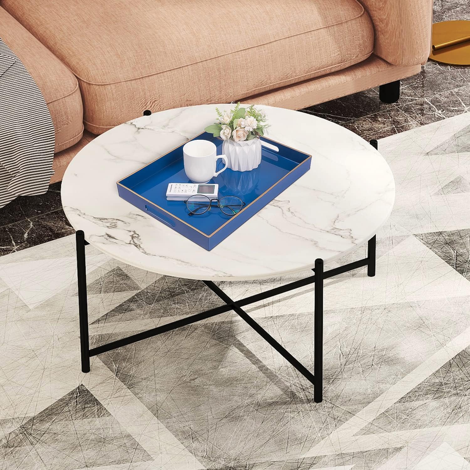 MAONAME Bandeja de servir azul rey con asas, bandeja decorativa rectangular, bandeja moderna de mesa de café, bandeja otomana de plástico para baño,