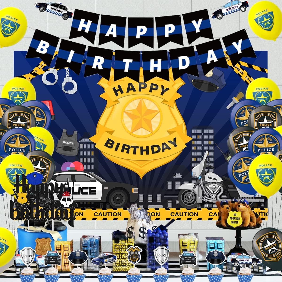 Decoraciones de cumpleaños de policía, decoraciones de fiesta de cumpleaños de policía para niños, globos temáticos de policía, pancarta de feliz