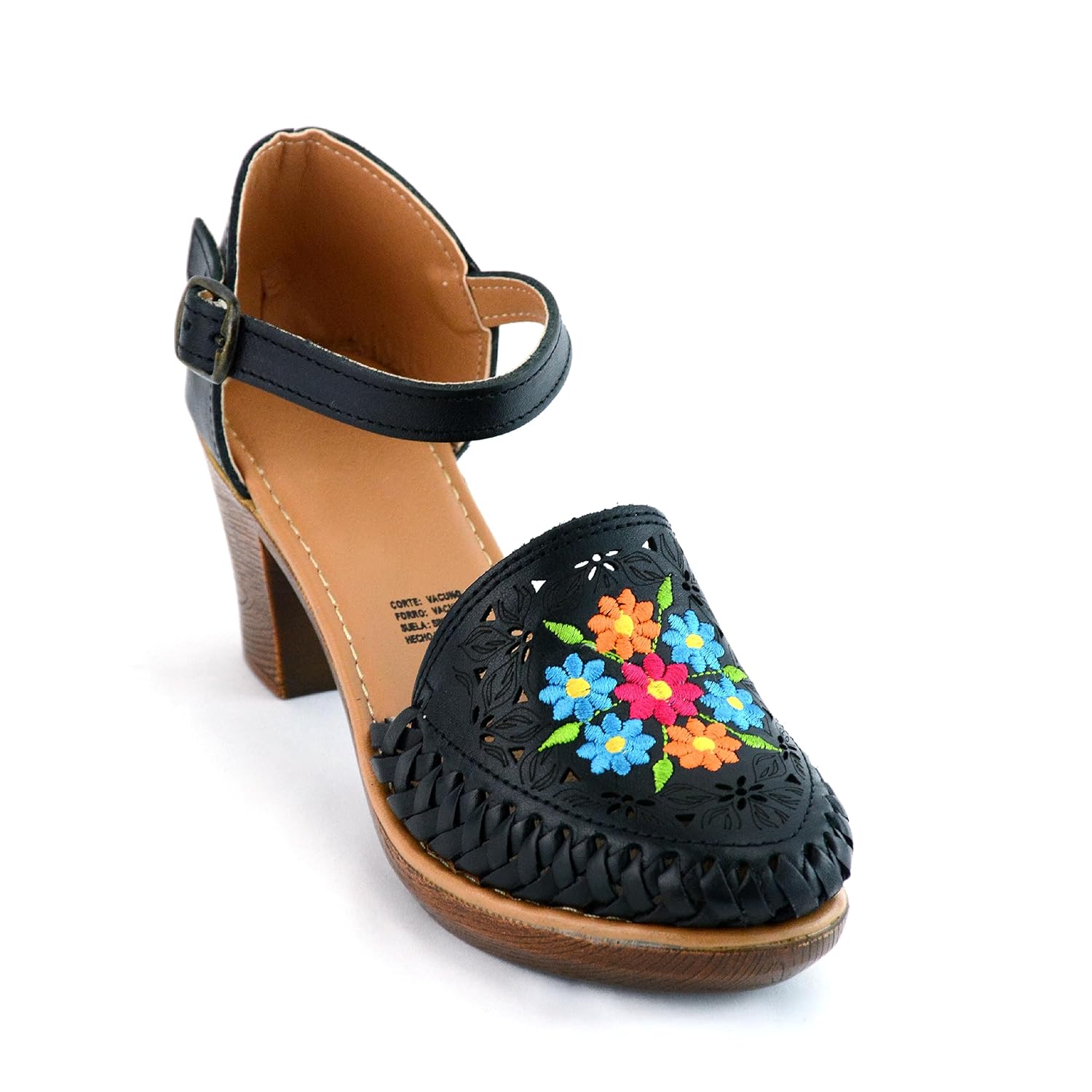 Mexican Leather Shoes with Embroidered Flowers, with heels for Women – Model 102BL (7, Black)