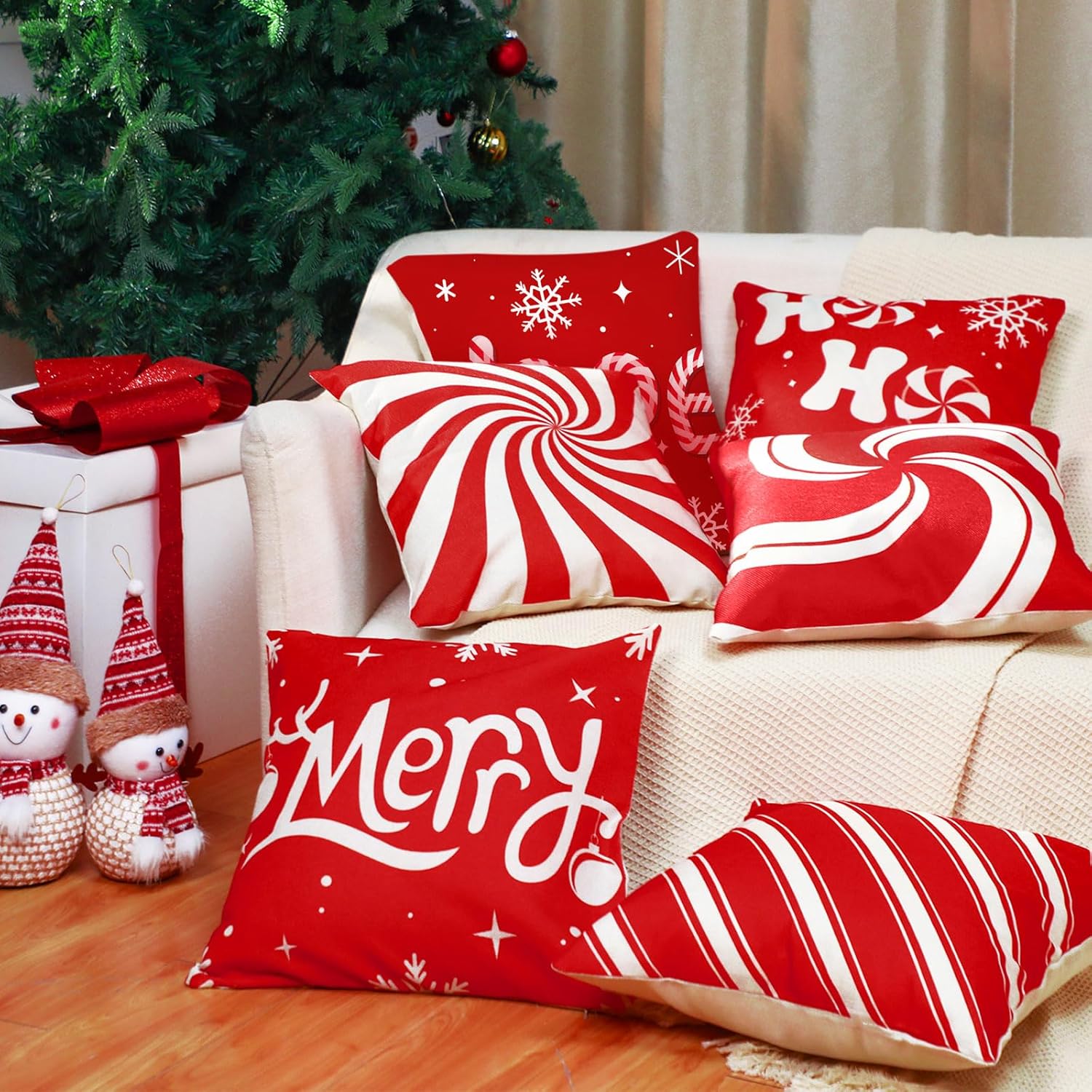Buryeah Juego de 6 fundas de almohada de Navidad de 18 x 18 pulgadas, fundas de almohada decorativas de bastones de caramelo, fundas de almohada