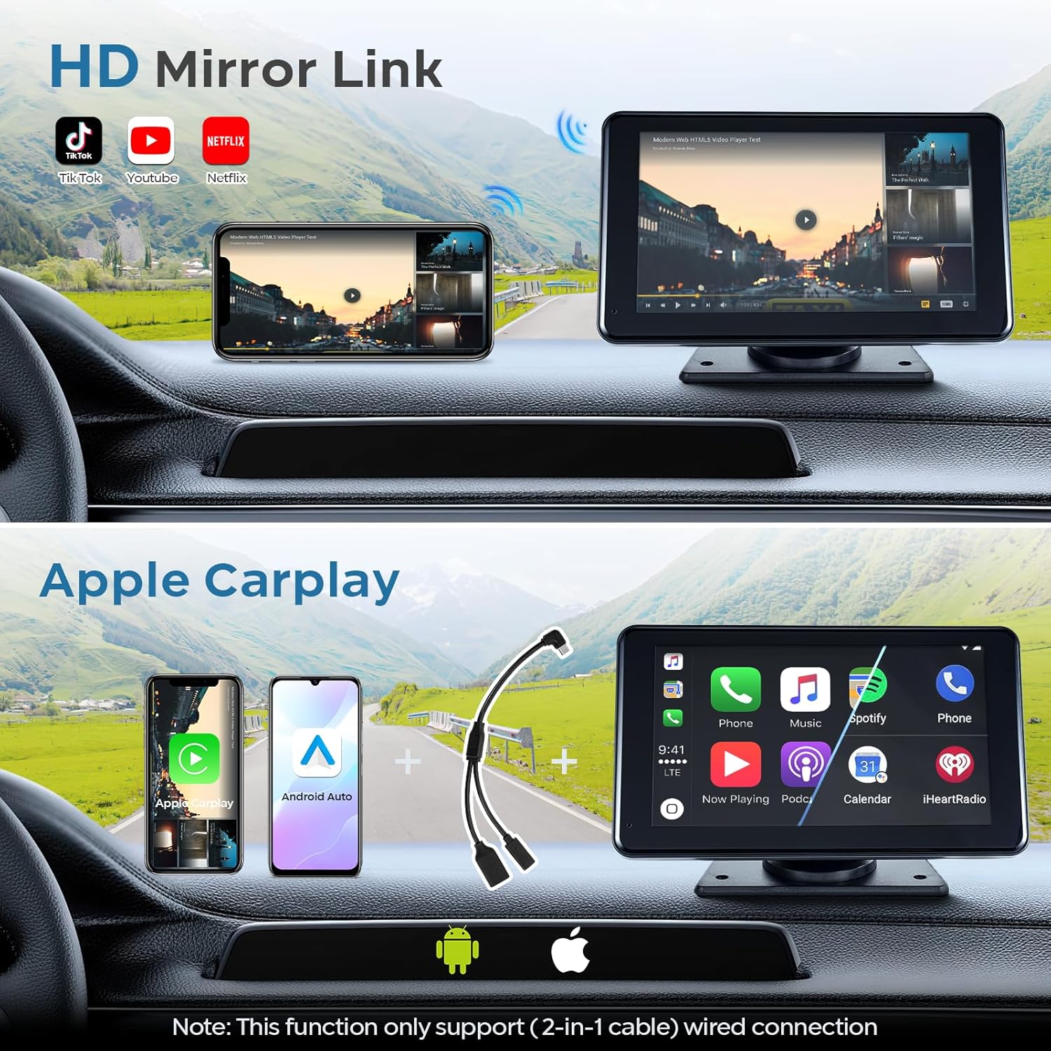 Apple Carplay portátil de 7 pulgadas, pantalla táctil inalámbrica de doble DIN, compatible con Apple Carplay y Android Auto, estéreo para automóvil