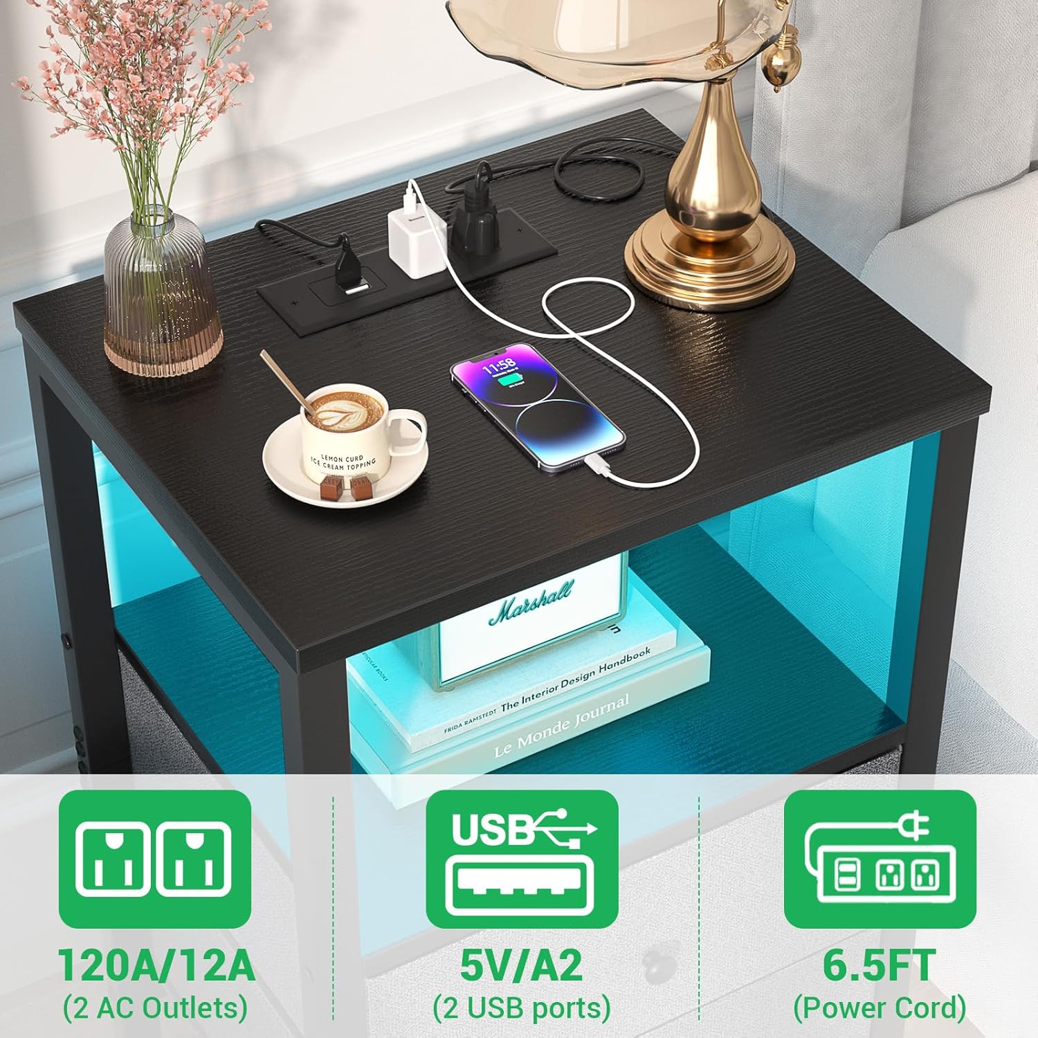 Cyclysio Mesita de noche con estación de carga y luces LED, mesita de noche con cajones, mesitas de noche de 25.6 pulgadas con almacenamiento para