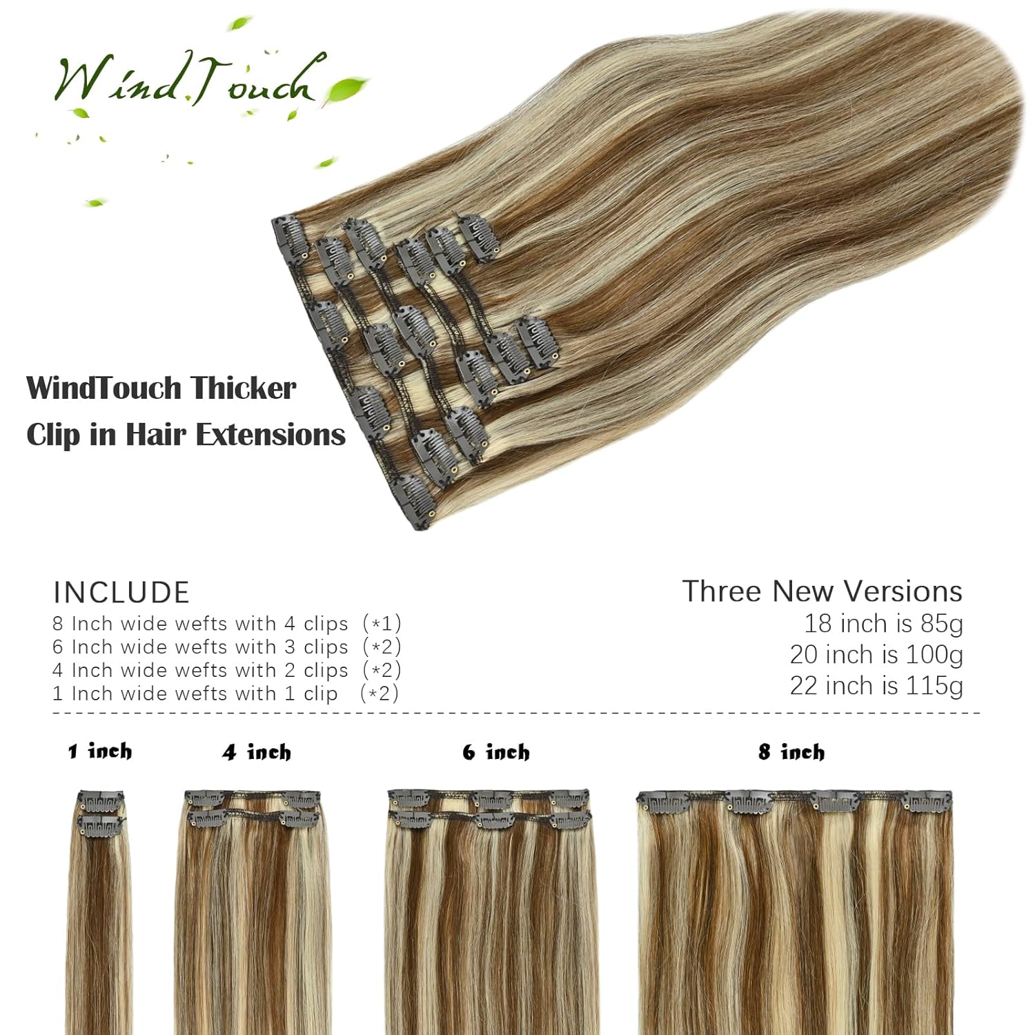 WindTouch Extensiones de cabello con pinzas, 4.33 oz, extensiones de cabello largo de 22 pulgadas, extensiones de cabello humano real, 7 unidades,