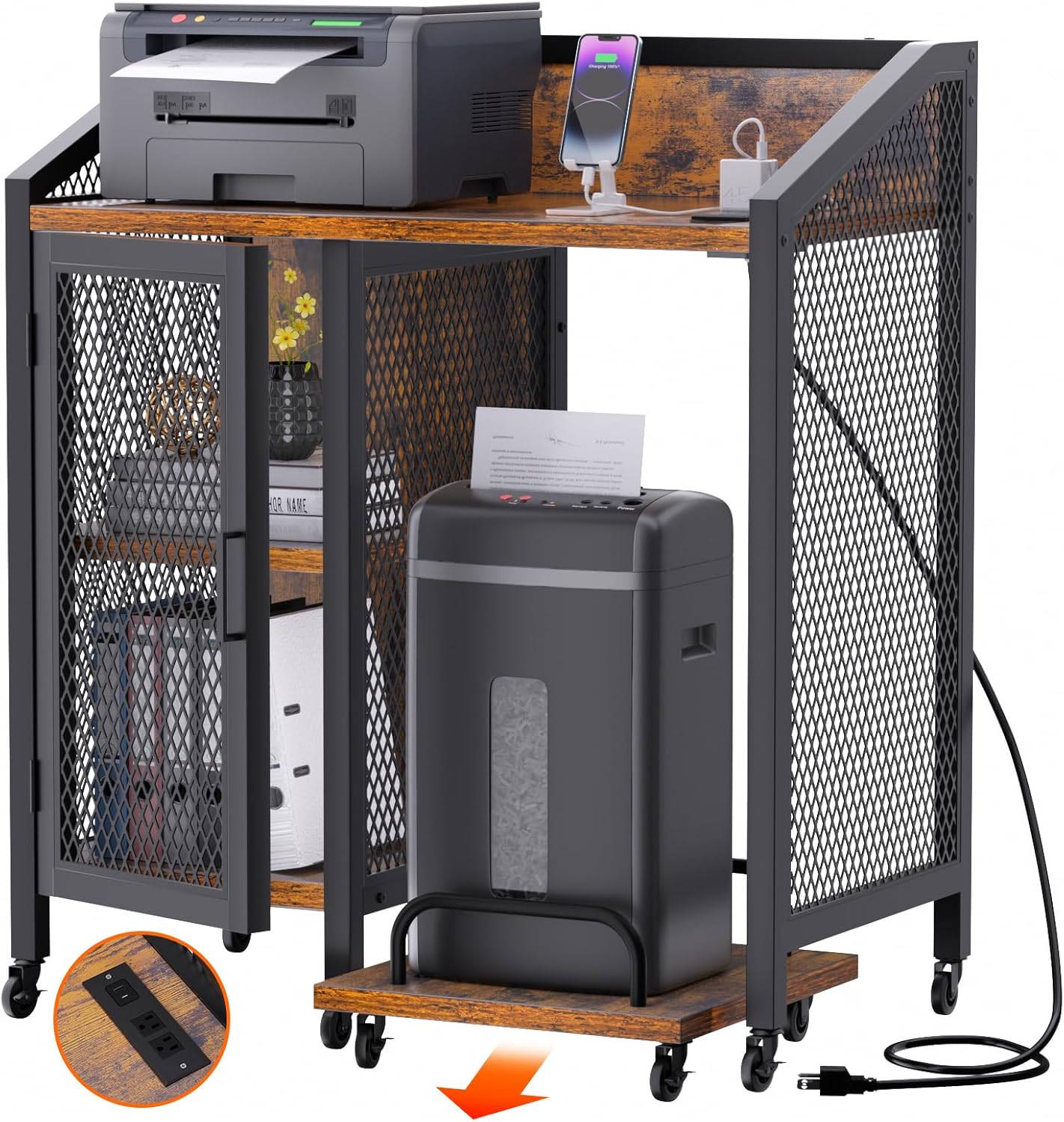 LOWOSA Soportes de impresora para el hogar de 3 niveles con almacenamiento, archivador rodante con estación de carga, mesa de impresora, mesa