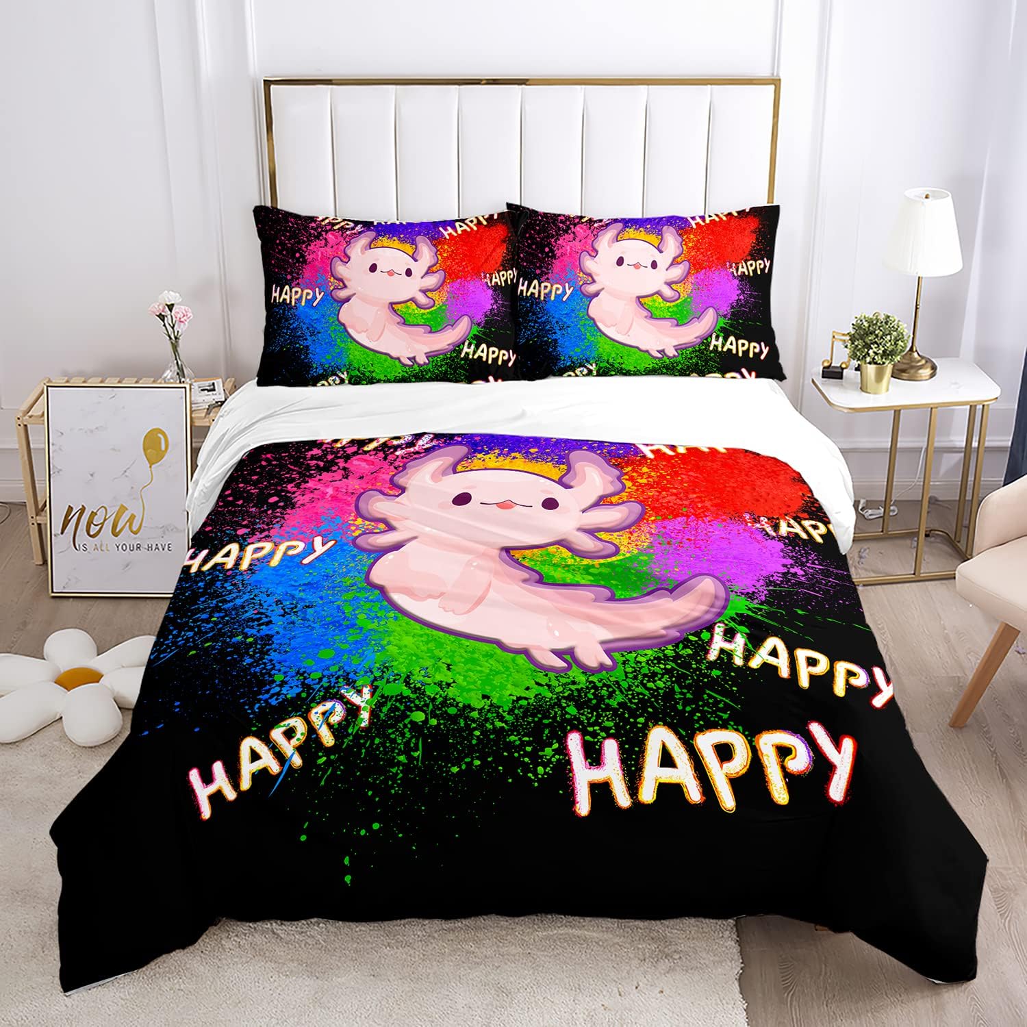 HOSIMA Axolotl – Juego de ropa de cama Kawaii para decoración de dormitorio de niños, fondo de tinta colorido, juego de funda de edredón de 3