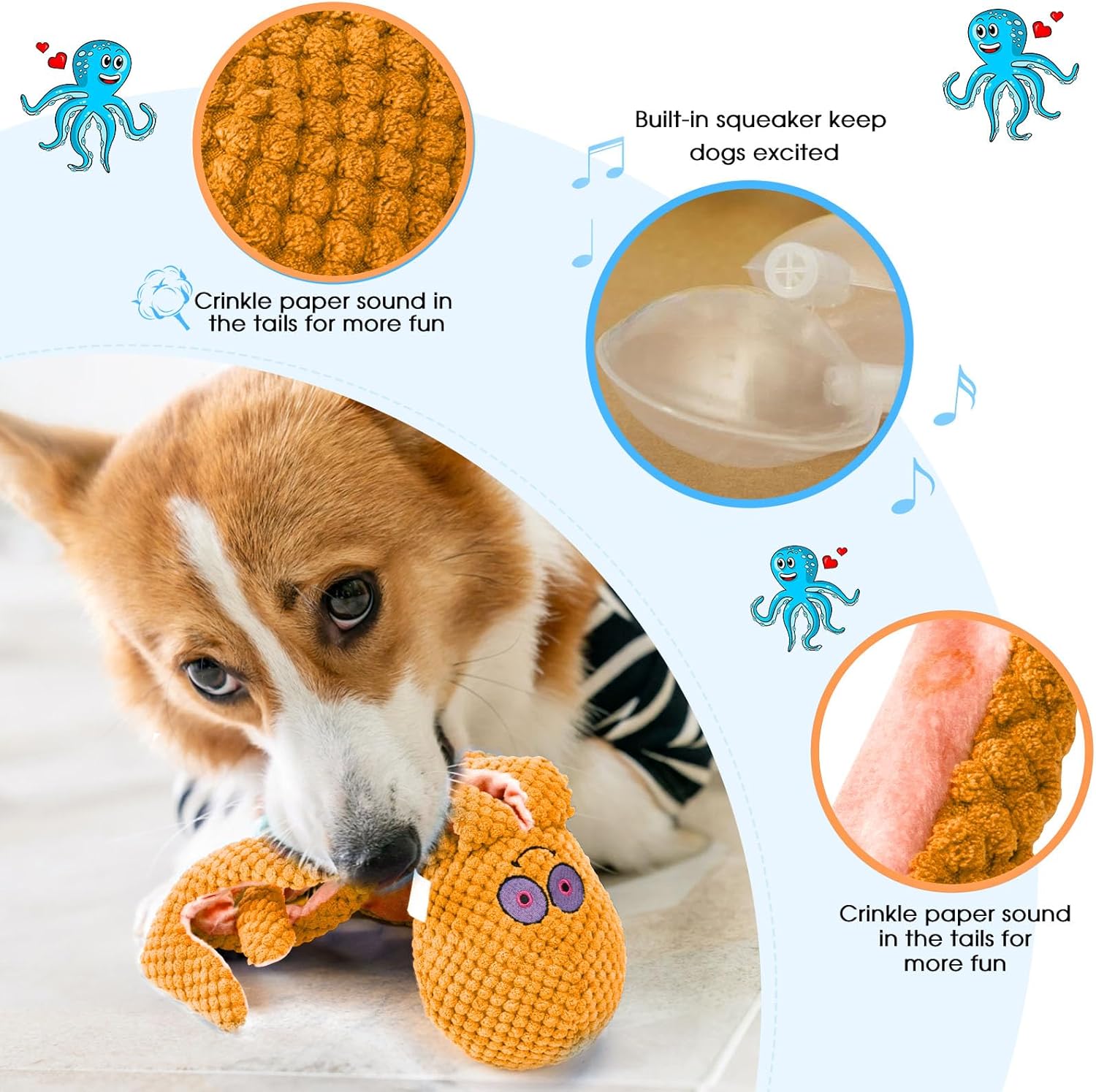 Juguetes chirriantes para perros, juguetes de peluche arrugados para perros grandes, medianos y pequeños, juguetes masticables duraderos de pulpo
