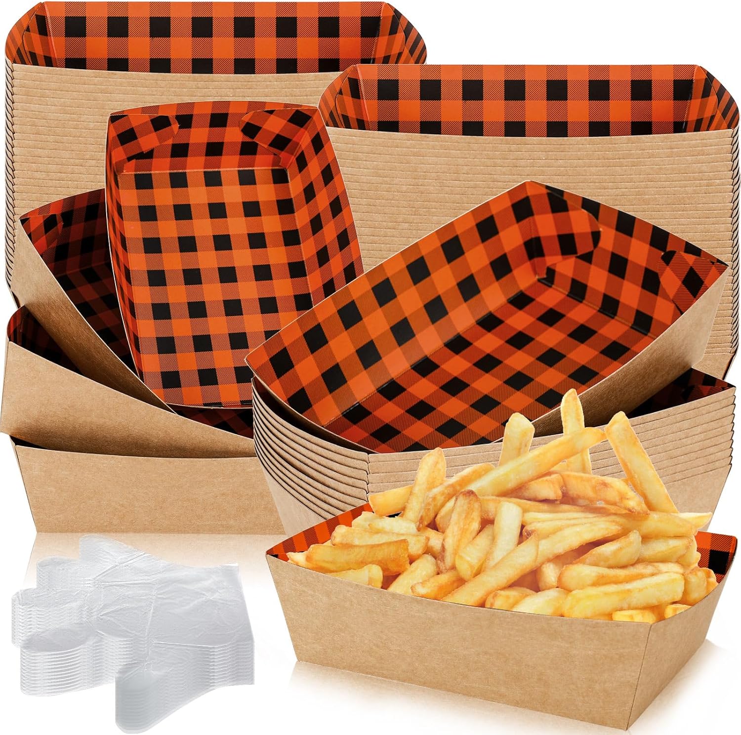 Whaline 50 bandejas de papel de Halloween para comida de papel a cuadros negros y naranjas, botes de comida con guantes de plástico, bandejas