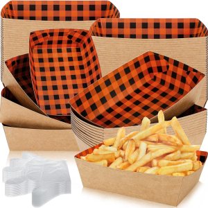 Whaline 50 bandejas de papel de Halloween para comida de papel a cuadros negros y naranjas, botes de comida con guantes de plástico, bandejas Whaline 50 bandejas de papel de Halloween para comida de papel a cuadros negros y naranjas, botes de comida con guantes de plástico, bandejas