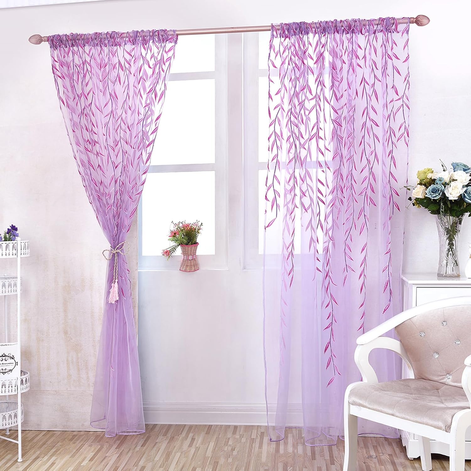 2 piezas de cortina de ventana de hojas de sauce de gasa de tul para habitación de hojas de salix transparente, cortina de panel de gasa cortina de