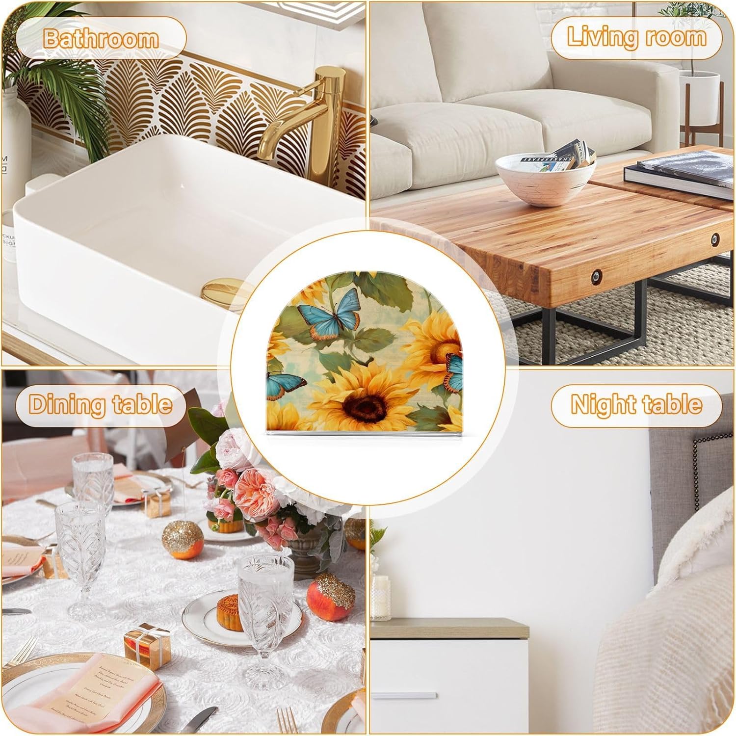 Sunflower and Butterfly Acrylic Napkin Holder Clear Crystal Tissue Paper Dispenser for Table, Kitchen Countertop, Restaurant, Decor
