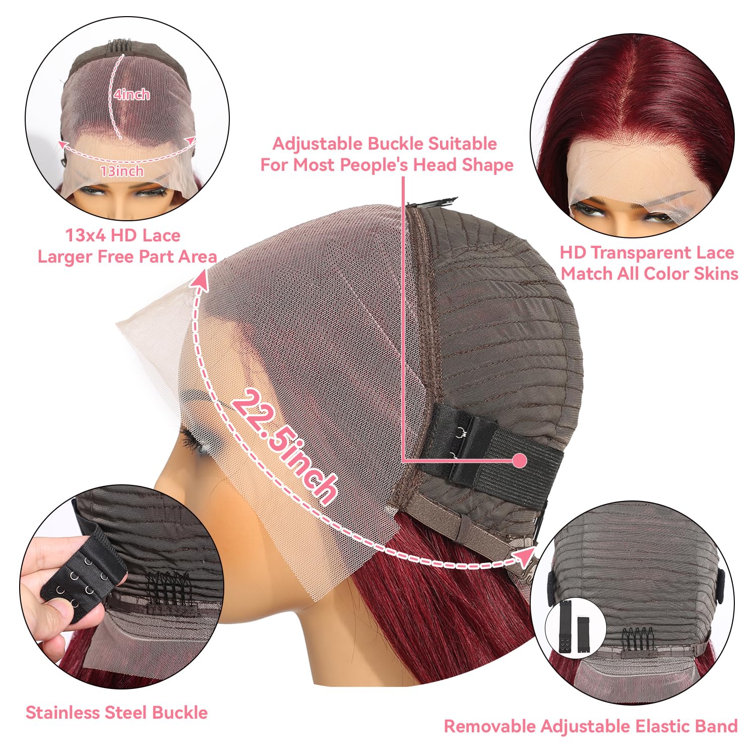 Pelucas de cabello humano con encaje frontal color burdeos 99J 13×4 HD con ondas profundas, pelucas de cabello humano prearrancado color rojo vino,