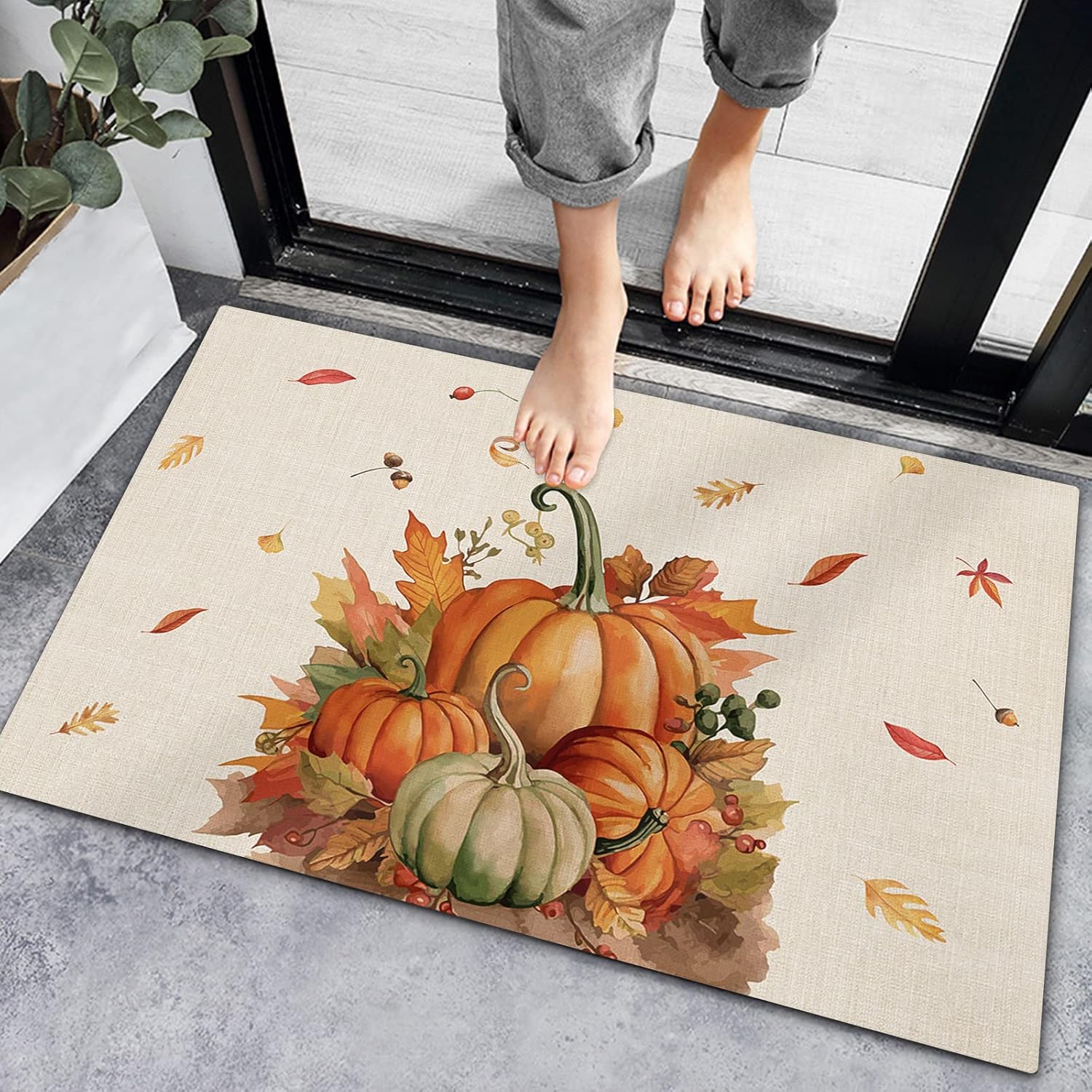 Bath Mat Non-Slip Indoor Doormats, Bath Rugs Harvest Pumpkin Autumn Leaves,Low-Profile Mats Kitchen Carpets for Home Bedroom Entrance Decor Maple