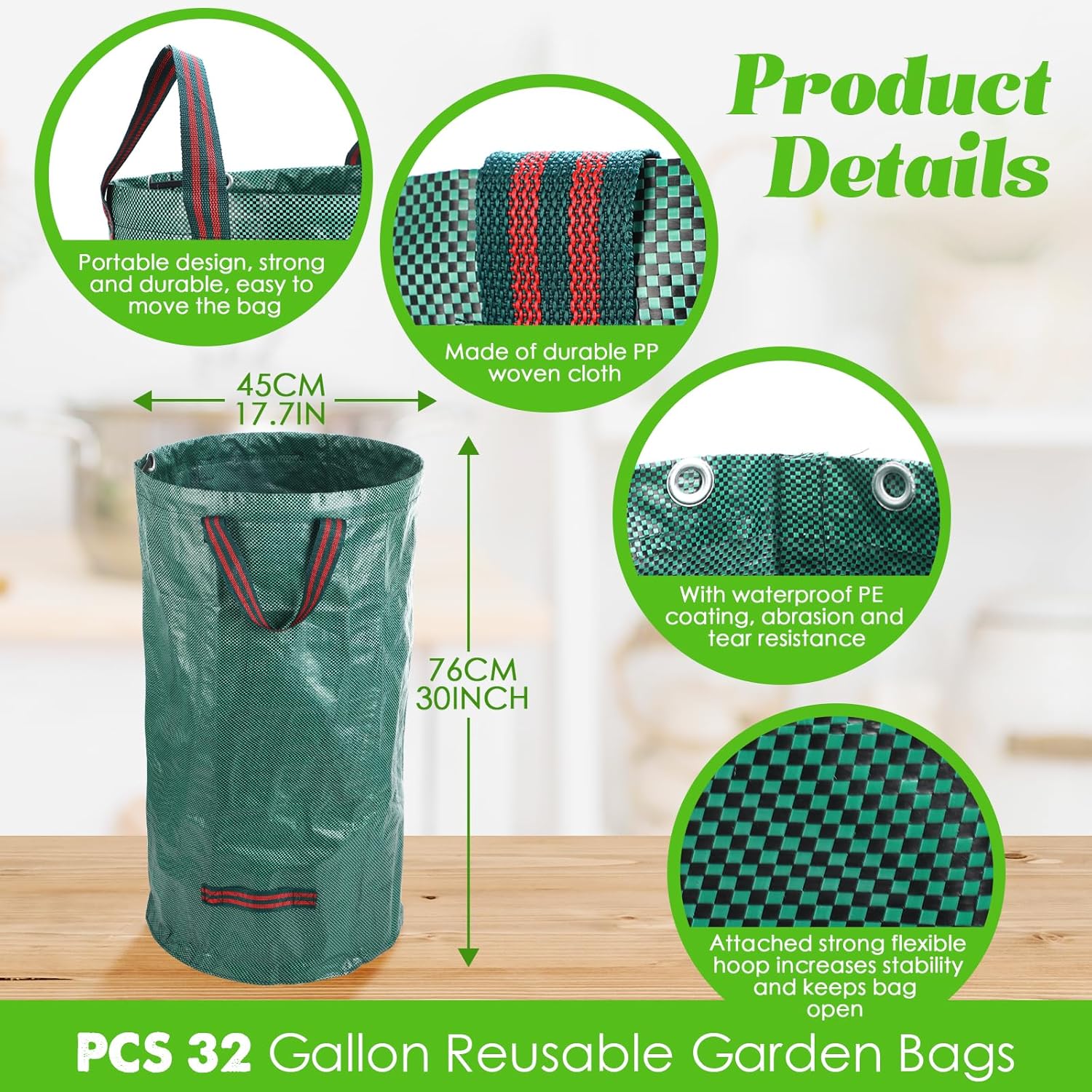 4 rastrillos para niños de 38 pulgadas con mango de madera desmontable y 2 bolsas reutilizables de 32 galones para desechos de jardín, rastrillos de