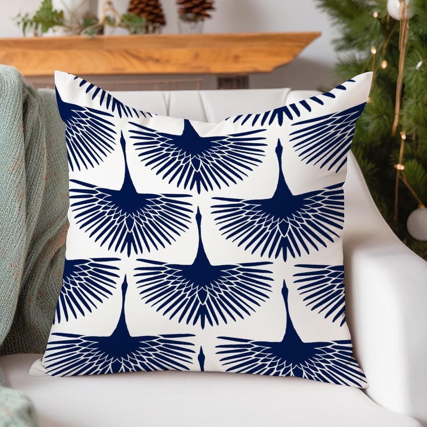 Fundas de cojín estilo asiático chinoiserie azul marino cisne decoración del hogar, fundas de almohada de lino de lino con pájaro elegante azul