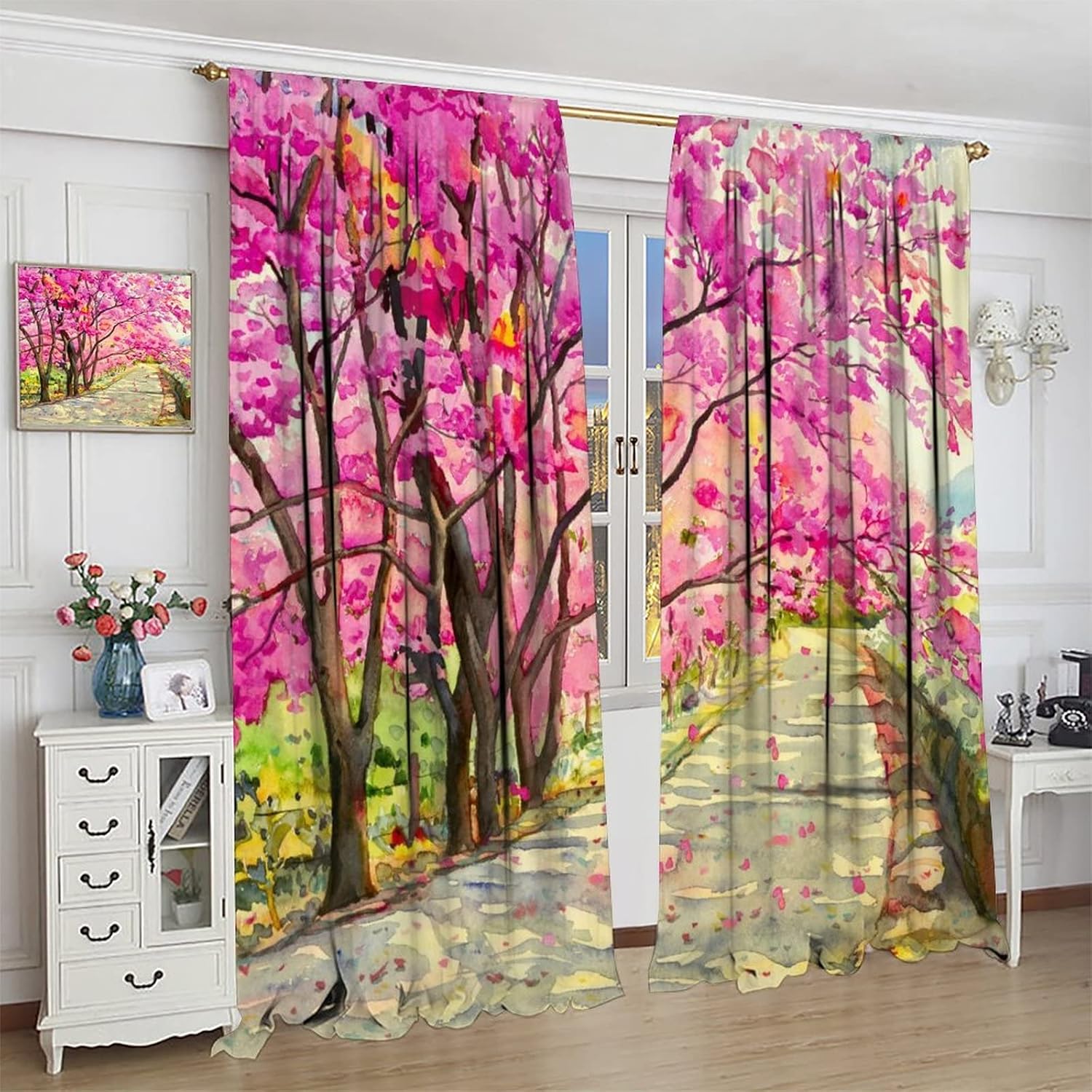 INSFBRB Cortinas opacas con diseño floral japonés, acuarela de primavera, diseño de cerezo rústico, aislamiento térmico y reducción de ruido, 2