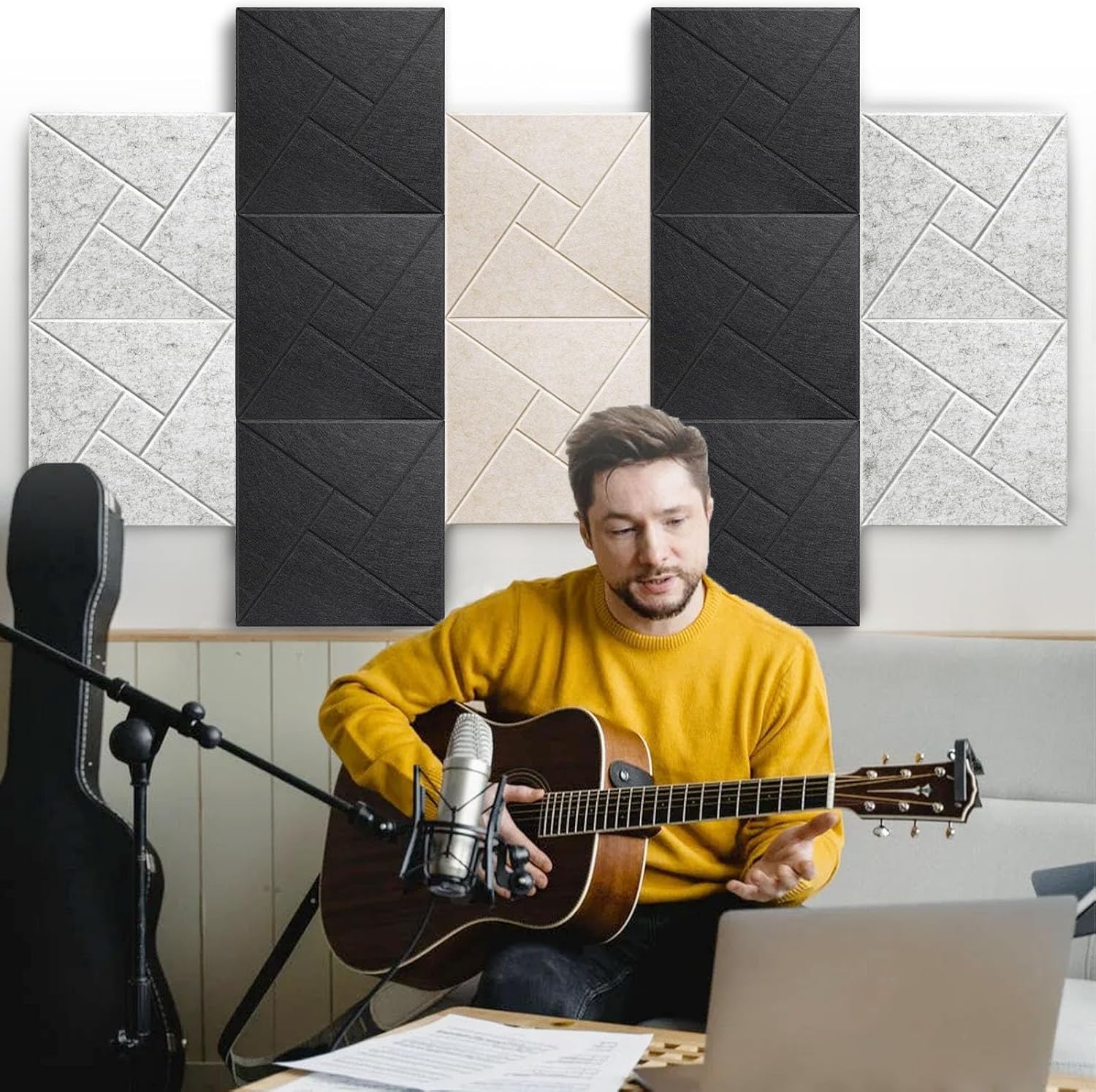 Paquete de 12 paneles acústicos autoadhesivos, 12 x 12 x 0.4 pulgadas, espuma acústica a prueba de sonido con patrón, paneles cuadrados de alta