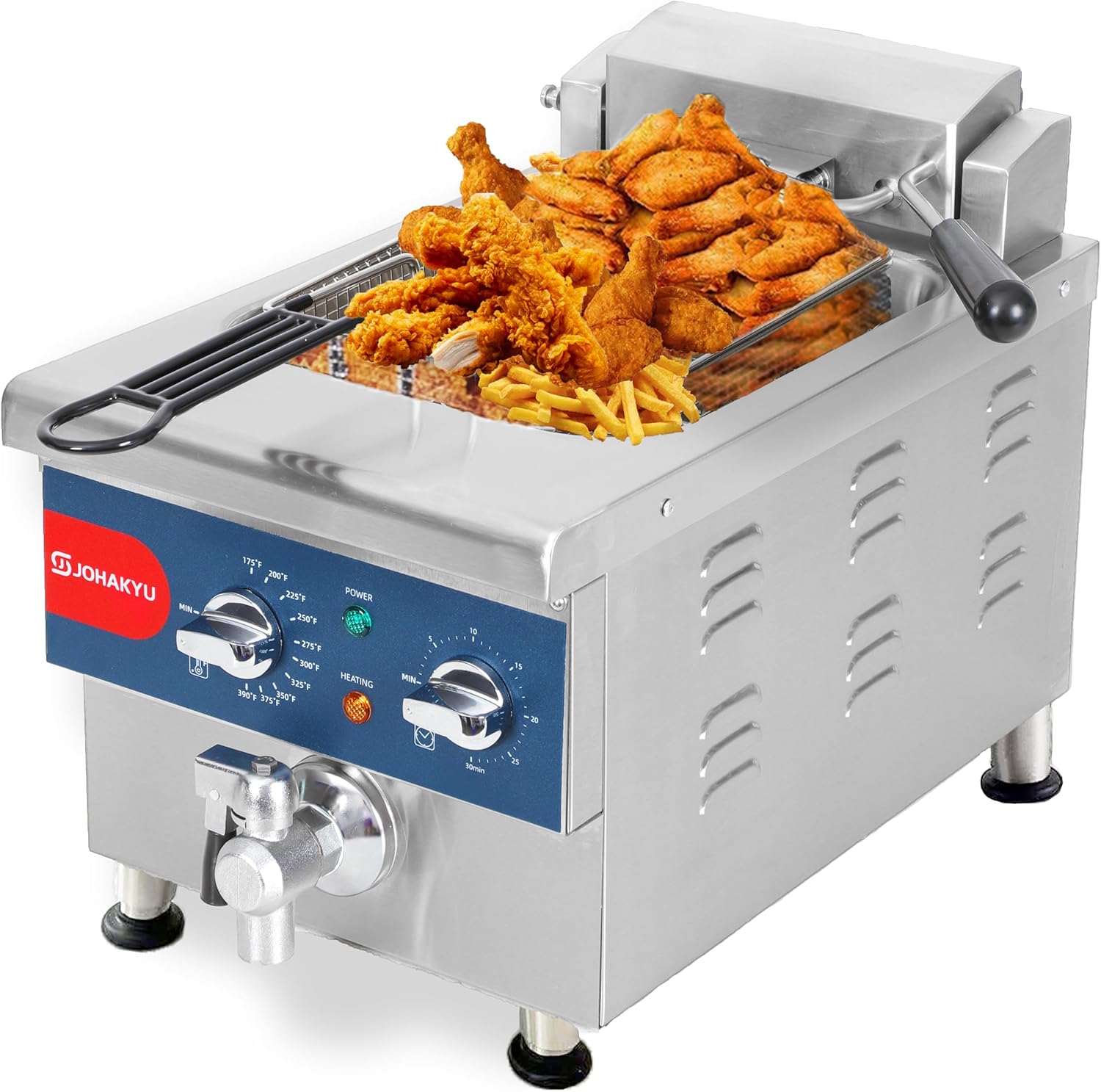 Freidora eléctrica comercial de 13 libras con cesta sólida de fácil montaje, temporizador, drenaje, cabezal de freidora oscilante, 120 V, 1800 W,