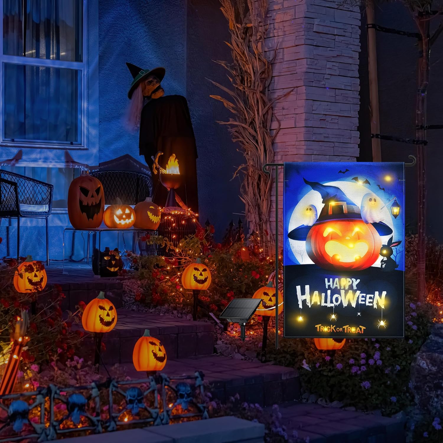 NEVIRIGE Bandera de jardín intermitente de Halloween, bonita bandera iluminada con diseño de fantasma de calabaza para decoraciones de Halloween,