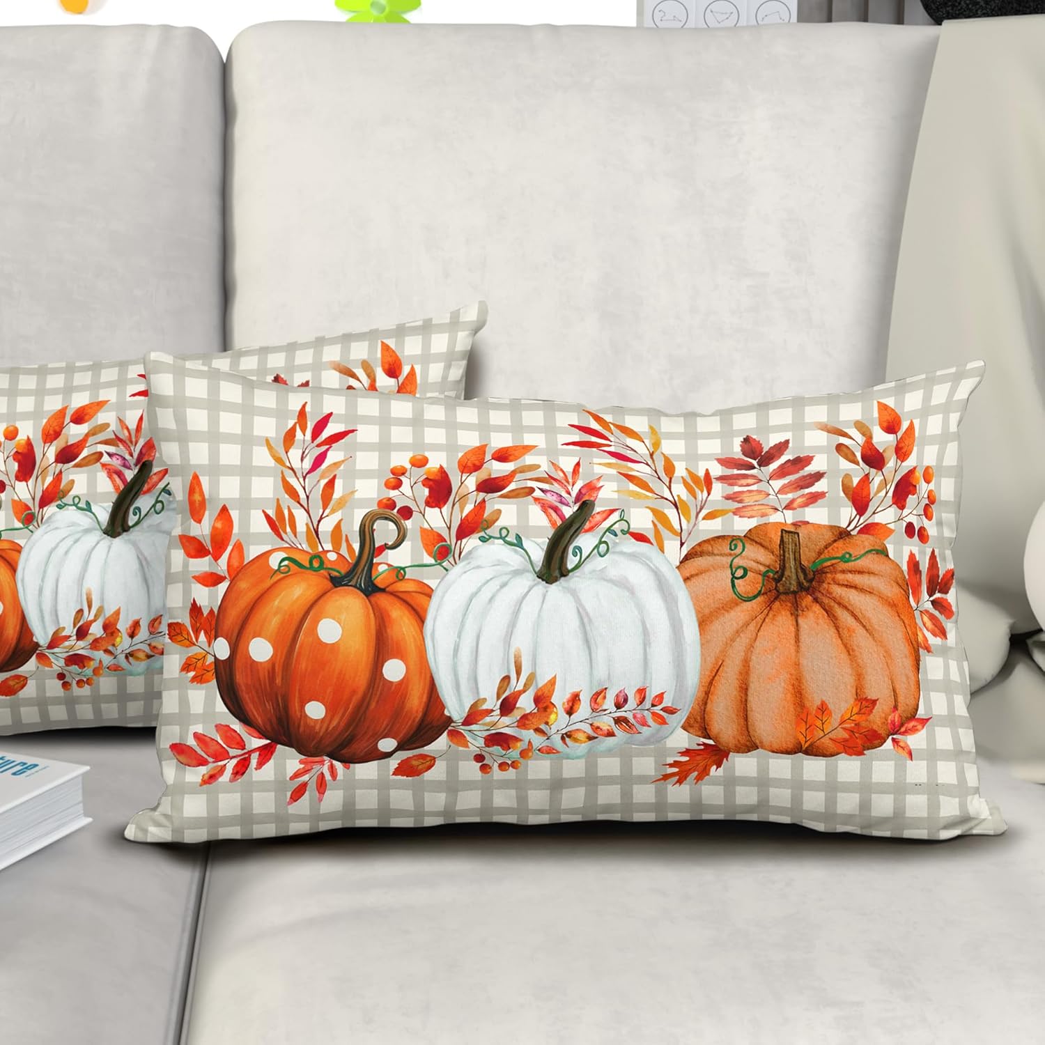 Juego de 2 fundas de almohada de otoño de 12 x 20 pulgadas, fundas de almohada de otoño de Acción de Gracias, calabaza, búfalo, a cuadros, almohadas