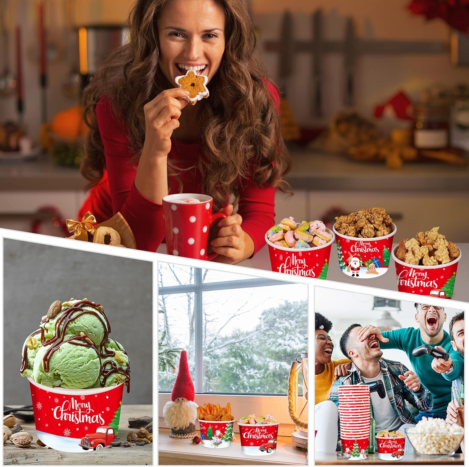 gisgfim 50 vasos de papel de Navidad, tazas de helado de Navidad, desechables de 9 onzas, tazones de postre para sopas temáticas de Navidad, para