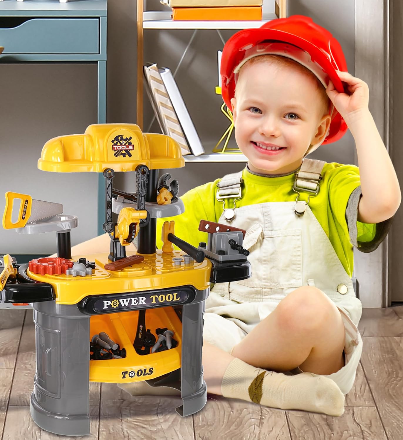 Mozlly Banco de herramientas eléctricas para niños, caja de banco de trabajo para niños con cinturón, juguete de motosierra y más juguetes de