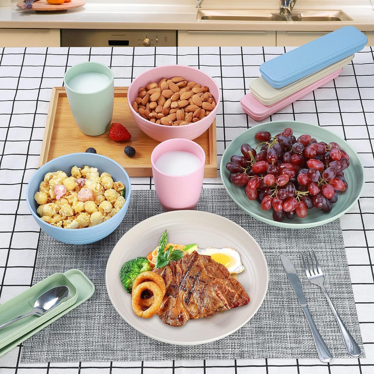 Juego de vajilla de paja de trigo de 28 piezas para 4, juegos de platos y cuencos de paja de trigo de cocina, vajilla para dormitorio universitario