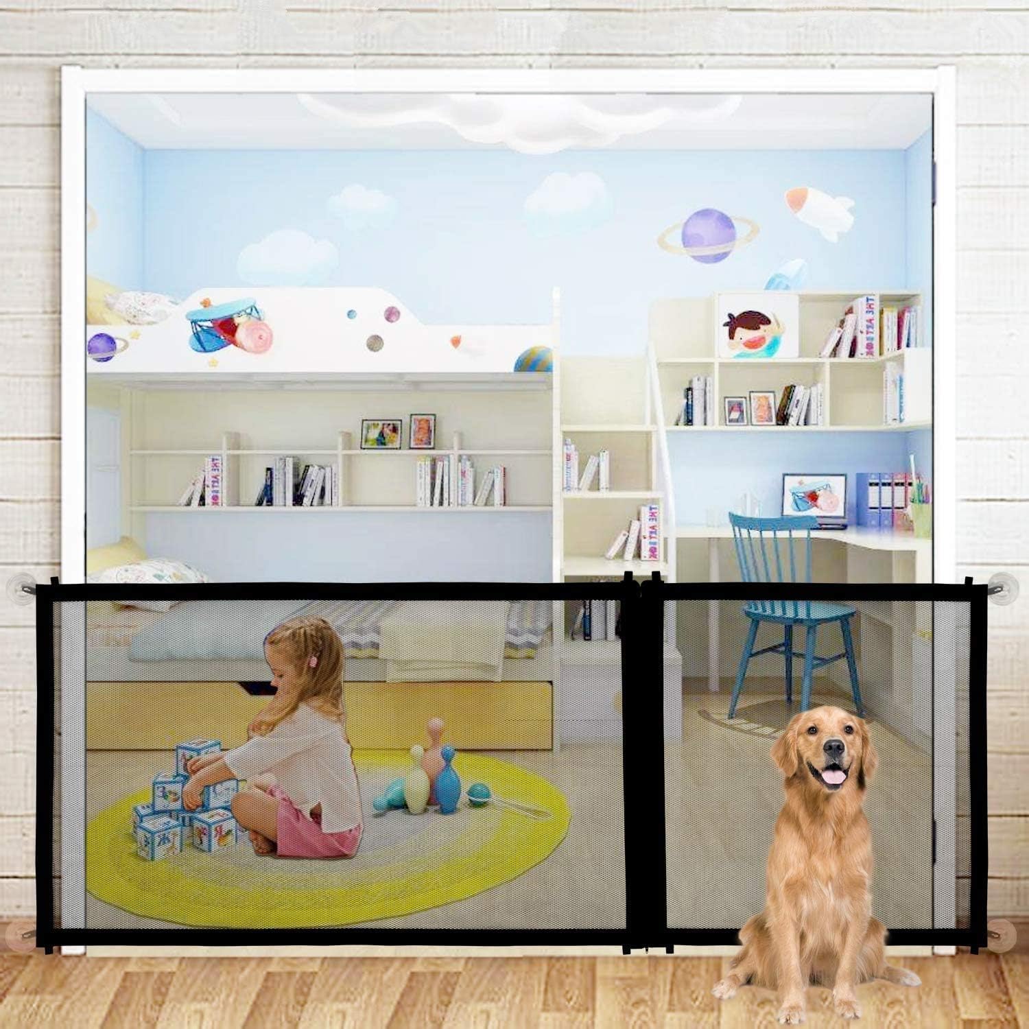 Puerta mágica ancha para perros, puerta grande retráctil para interiores y exteriores, puerta plegable extra ancha expandible de malla para mascotas