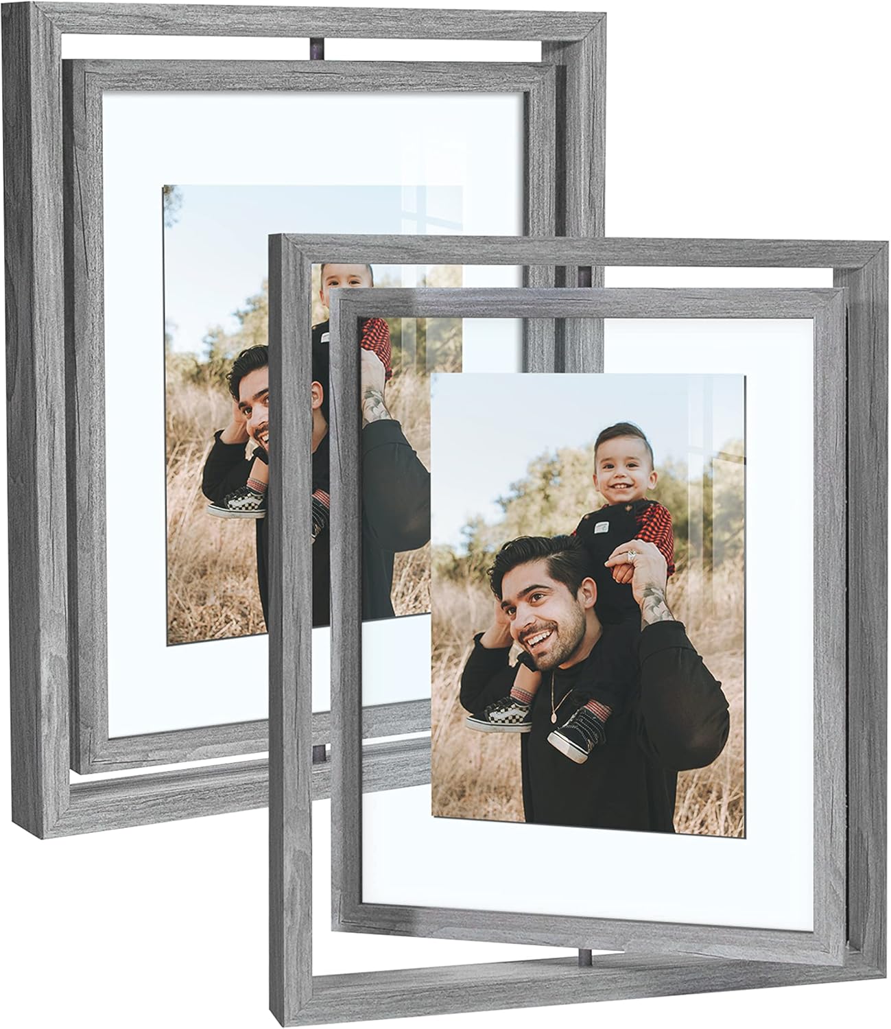 SUMGAR Marco de fotos de doble cara de 8 x 10 pulgadas, marcos flotantes grises modernos de madera giratorios con vasos dobles para Navidad,