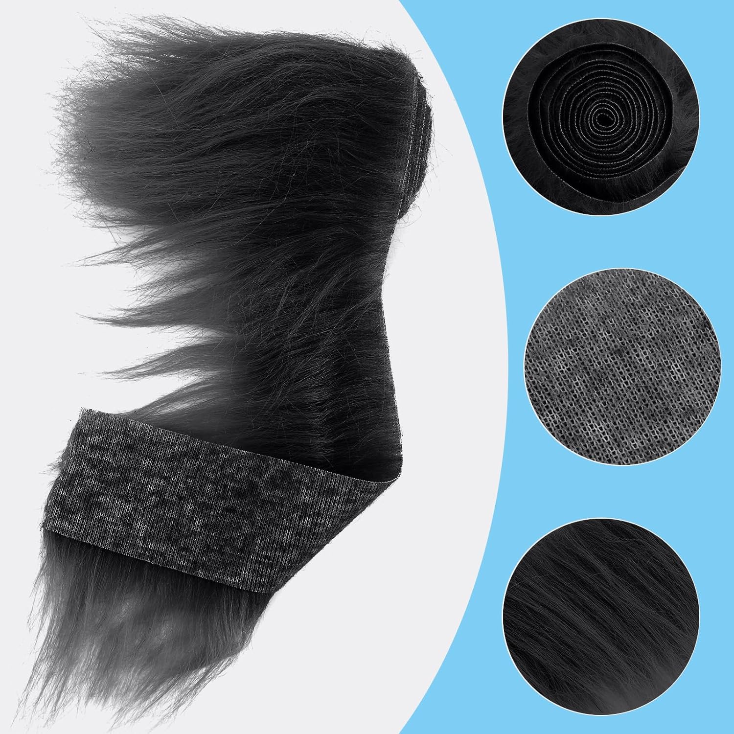 Tiras precortadas de tela de piel sintética de felpa lanuda de 2 x 60 pulgadas, piel negra mullida y esponjosa para gnomos, barba, Papá Noel, pelo