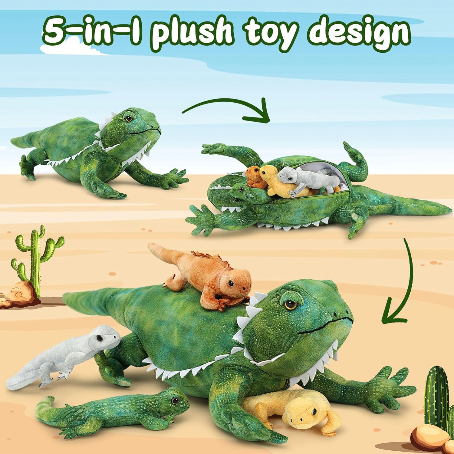 MorisMos Animal de peluche de lagarto con 4 bebés en el interior, animal de peluche camaleón de 26 pulgadas con vientre con cremallera, gran dragón
