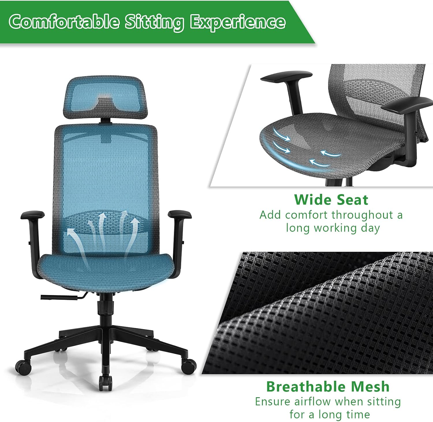 BestComfort Silla de oficina de malla con respaldo alto, silla ejecutiva ergonómica con ángulos reclinables ajustables, soporte lumbar,
