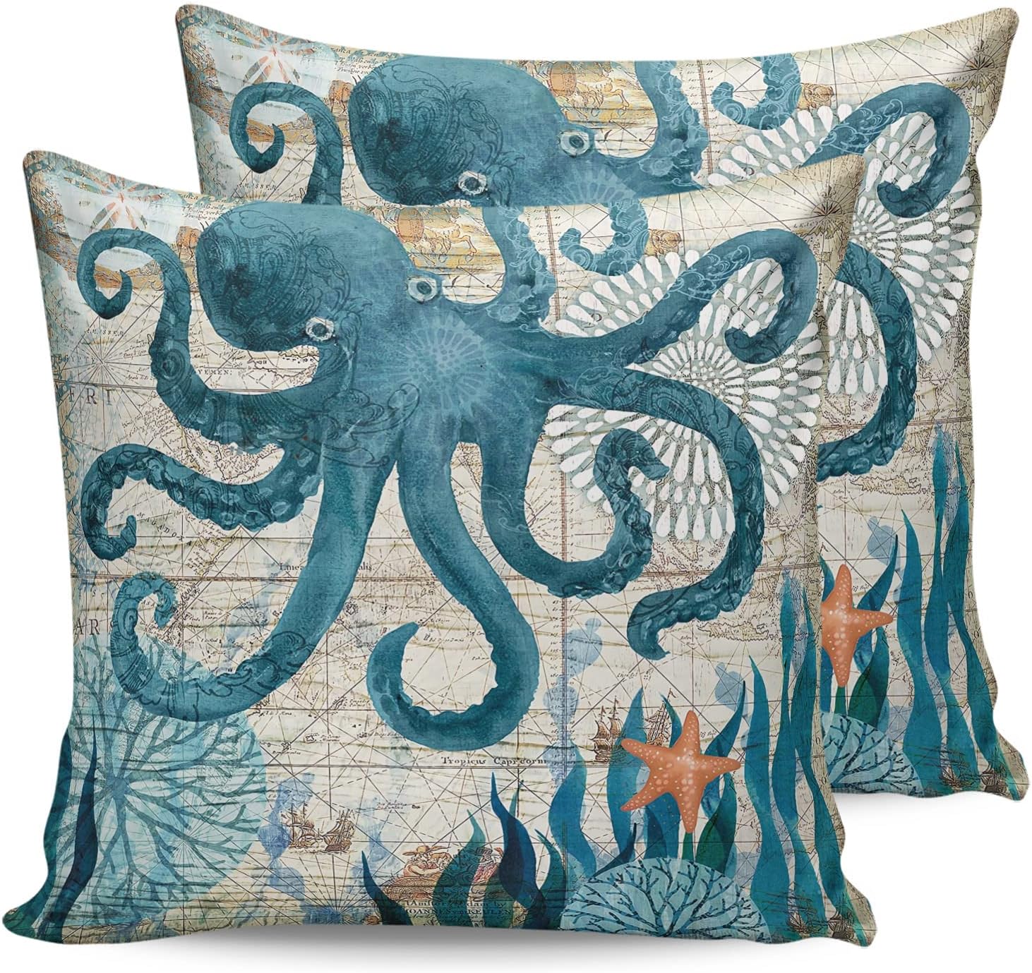 Juego de 2 fundas de almohada impermeables de pulpo marino de 18 x 18 pulgadas, juego de 2 fundas de almohada decorativas de animales monstruosos de