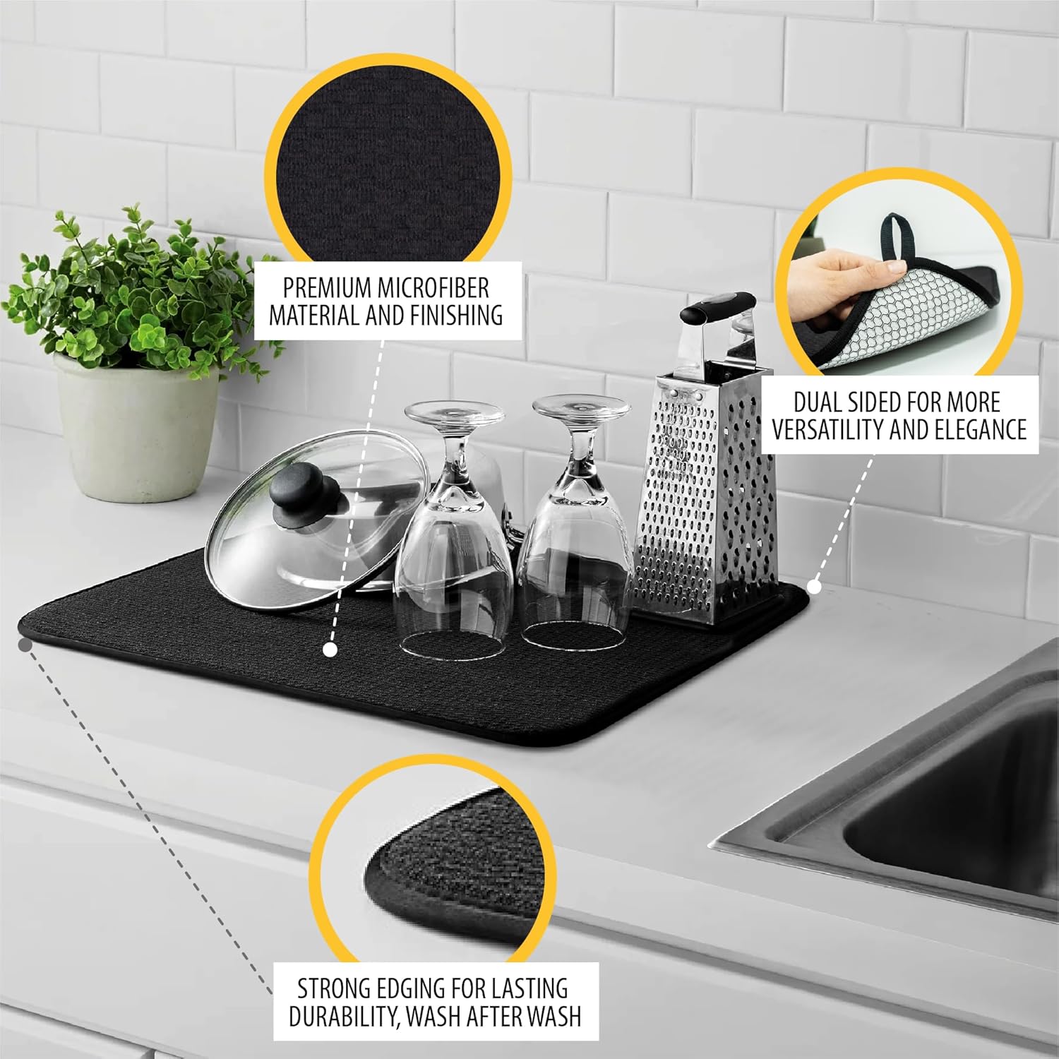 Tapete de secado de platos prémium de microfibra súper absorbente de 16 x 18 pulgadas, escurridor de platos, doble superficie (negro)