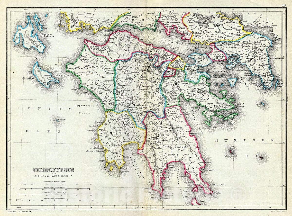 Mapa histórico mapa de Hughes de la península del Peloponeso o el sur de Grecia en la antigüedad, 1867, arte de pared vintage 24in x 32in