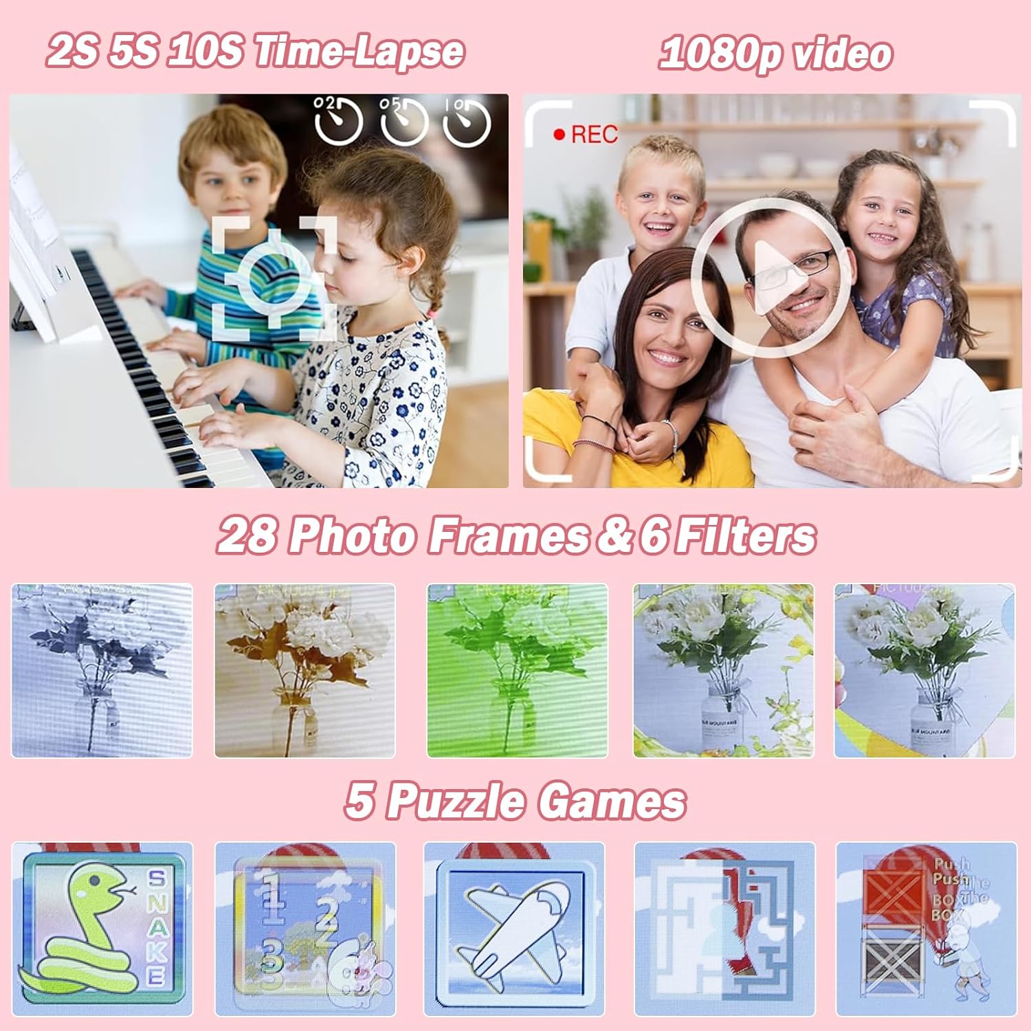 DEWEL Cámara para niños, cámara de juguete, cámara para niños, cámara de video digital selfie HD 1080P para niñosniñas, mini videocámara para niños