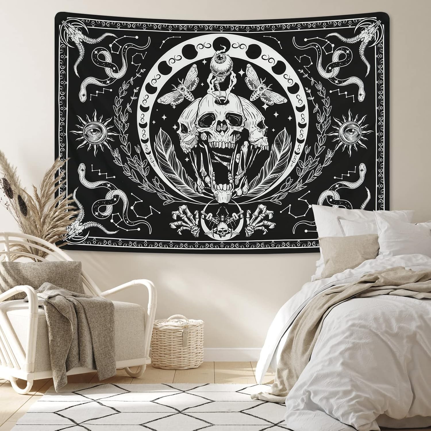 Krelymics Tapiz de calavera blanco y negro, tapiz de serpiente, tapiz de polilla, tapiz de esqueleto trippy, mandala de fase lunar, tapiz para