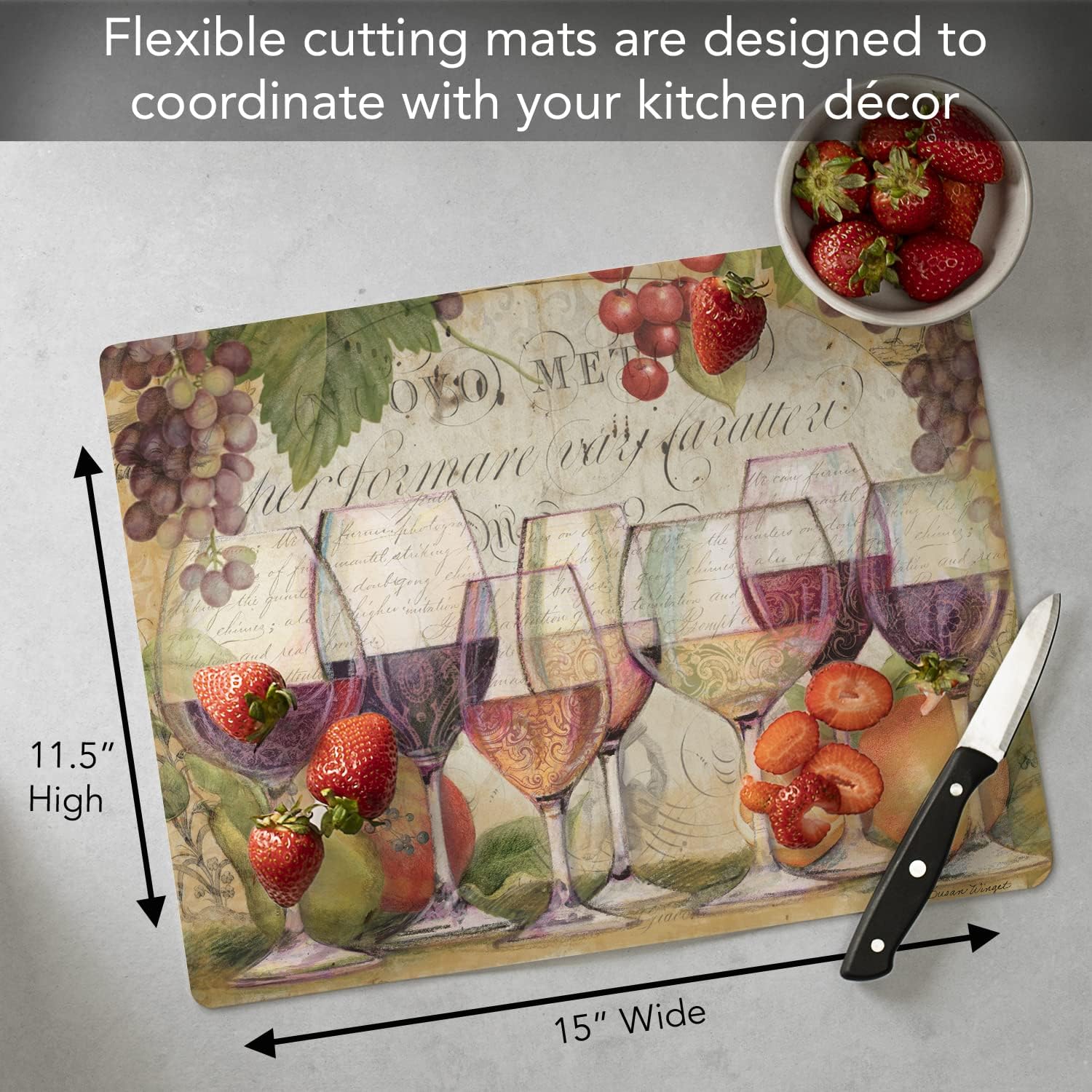 Cut N’ Funnel Wine Country Designer – Tabla de cortar de plástico flexible, fabricada en los Estados Unidos, decorativa, flexible, fácil de limpiar