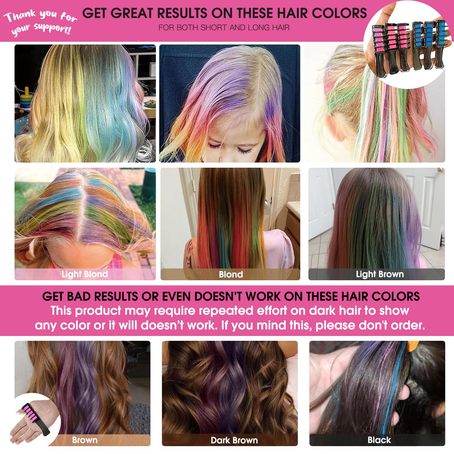MSDADA Nuevo peine de tiza para el cabello, tinte temporal para niñas y niños con cabello de color claro, tiza lavable para niñas de 4, 5, 6, 7, 8,