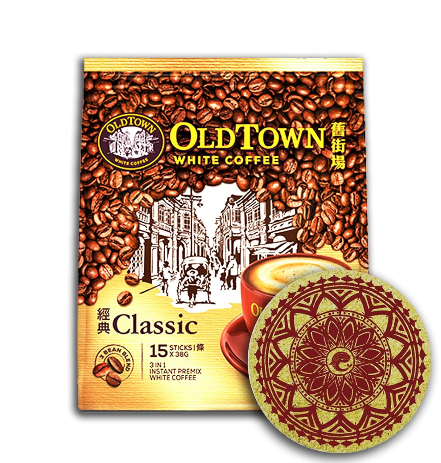 (3 Pack – Classic) OLD TOWN (3 in 1) Classic White Coffee Asian Instant Coffee OLDTOWNZ Eco Friendly Cork Coaster Package, oldtown White Coffee 45