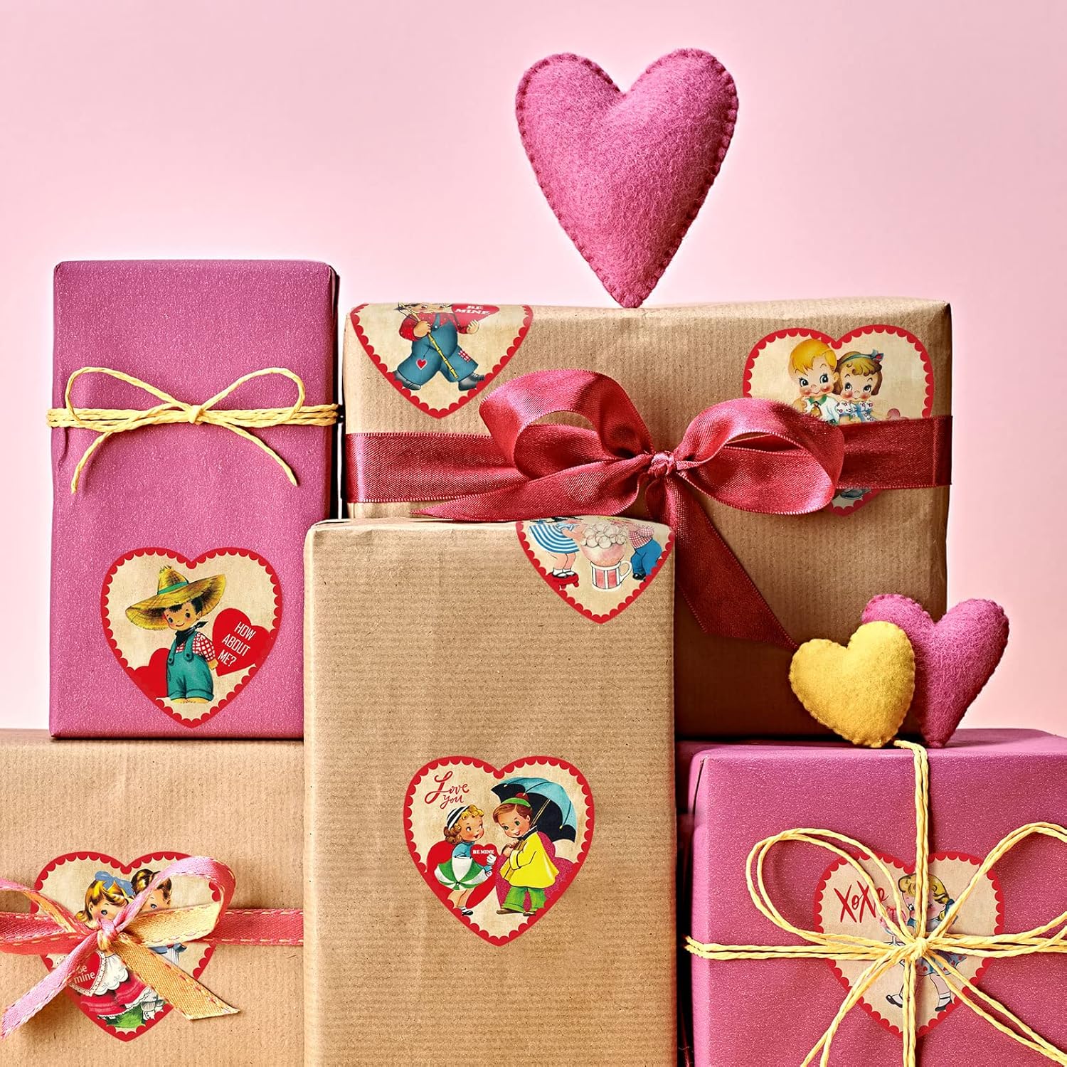 Whaline 1000 calcomanías para el día de San Valentín, estilo vintage, con forma de corazón, autoadhesivas, rollo de estilo retro, calcomanías de